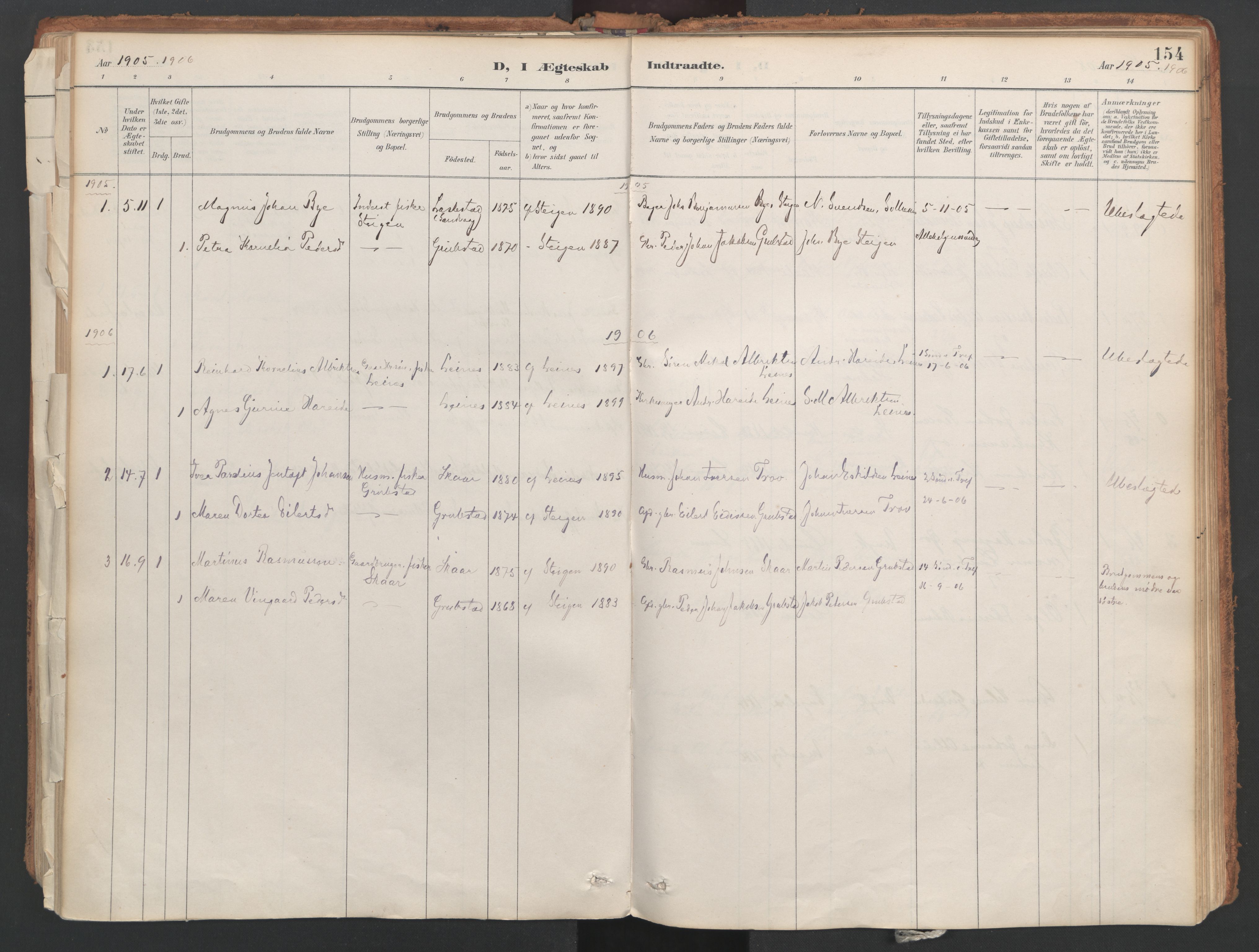 Ministerialprotokoller, klokkerbøker og fødselsregistre - Nordland, AV/SAT-A-1459/857/L0822: Parish register (official) no. 857A02, 1890-1917, p. 154