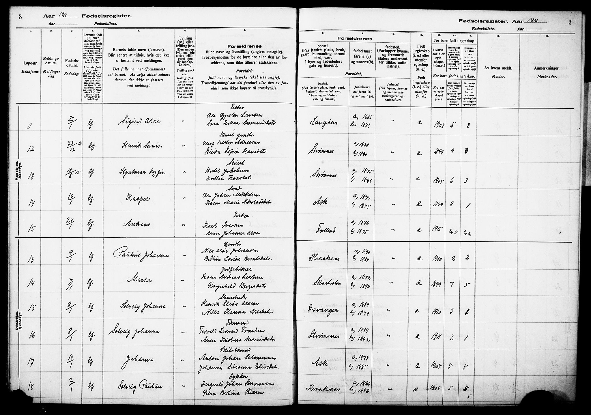 Askøy Sokneprestembete, AV/SAB-A-74101/I/Id/L00A1: Birth register no. A 1, 1916-1928, p. 3