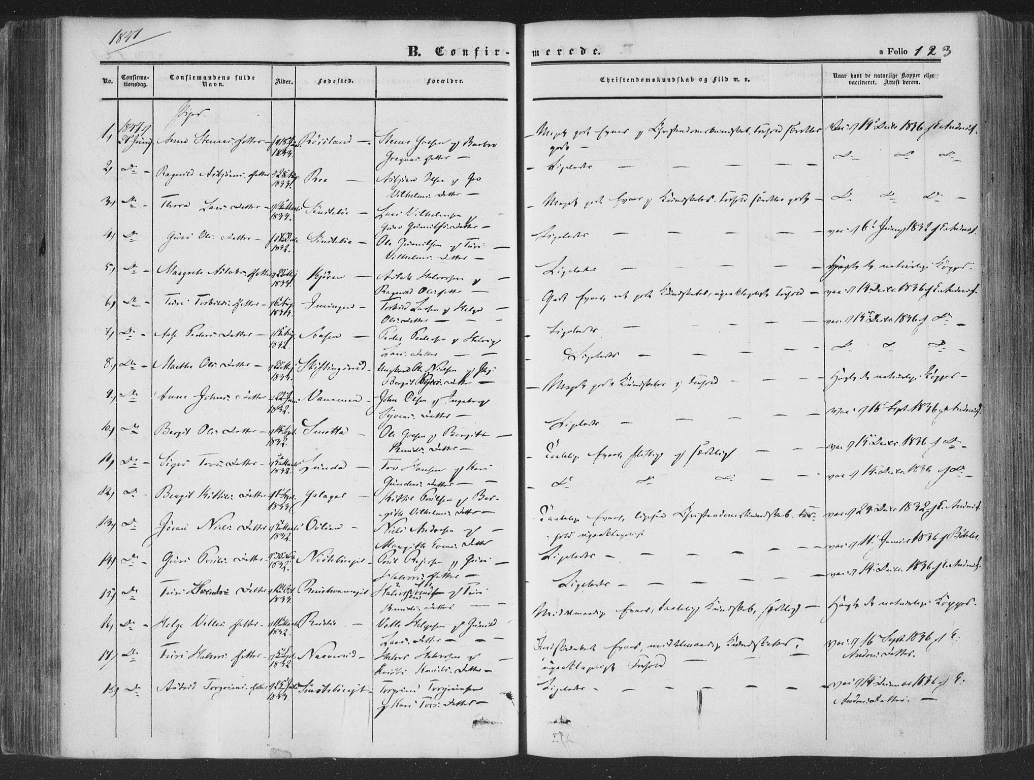 Rollag kirkebøker, AV/SAKO-A-240/F/Fa/L0008: Parish register (official) no. I 8, 1847-1860, p. 123