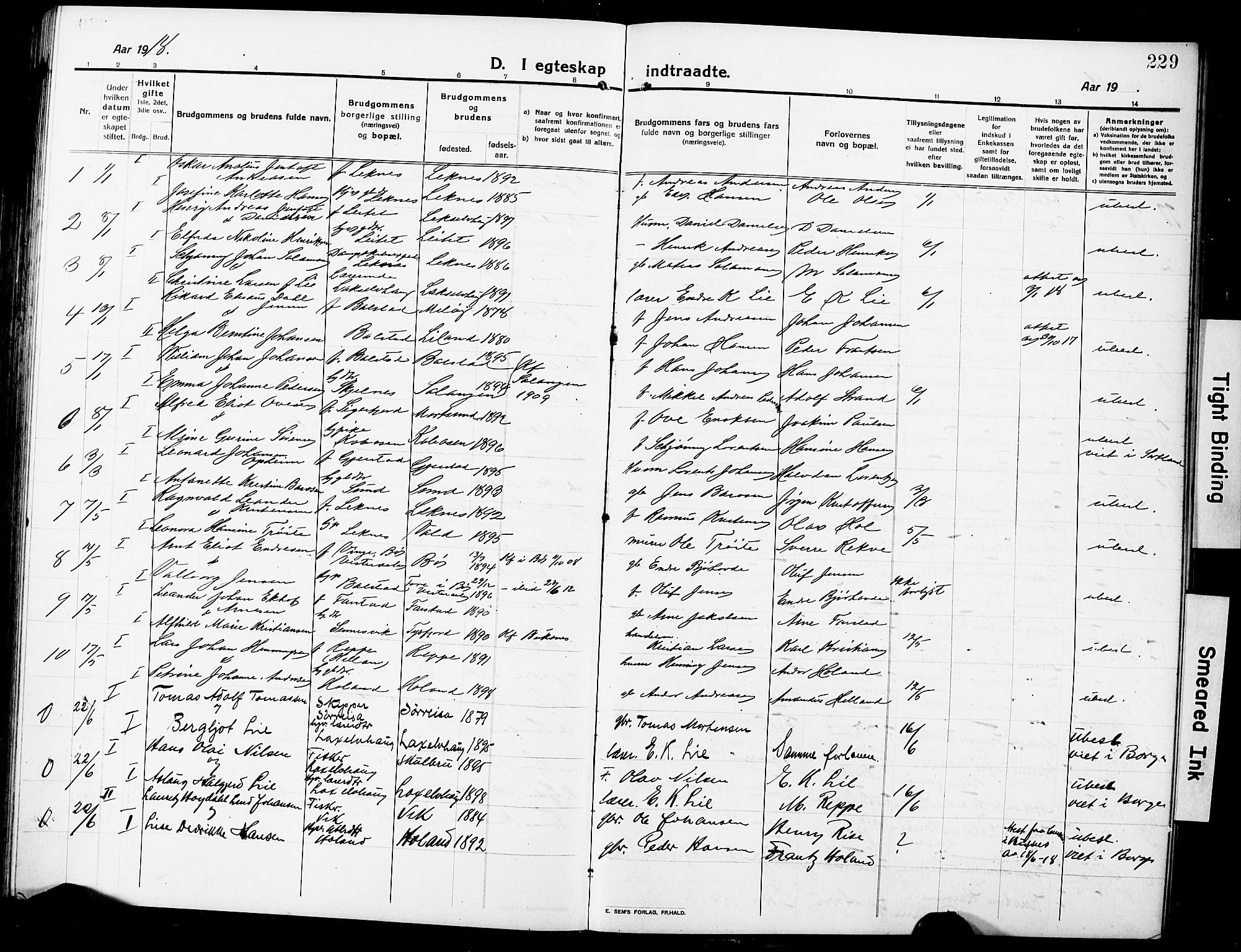 Ministerialprotokoller, klokkerbøker og fødselsregistre - Nordland, AV/SAT-A-1459/881/L1169: Parish register (copy) no. 881C06, 1912-1930, p. 229