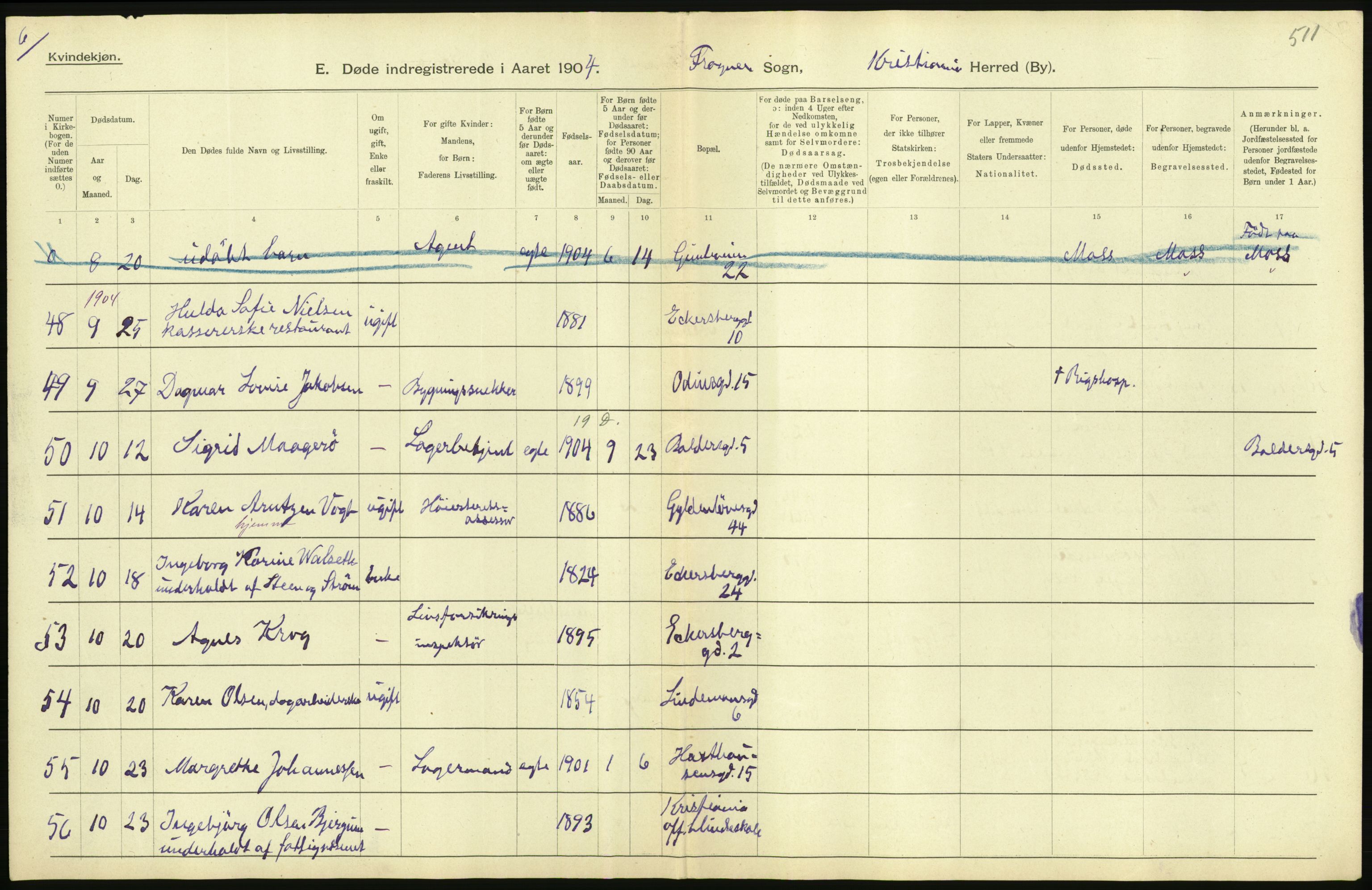 Statistisk sentralbyrå, Sosiodemografiske emner, Befolkning, AV/RA-S-2228/D/Df/Dfa/Dfab/L0004: Kristiania: Gifte, døde, 1904, p. 269