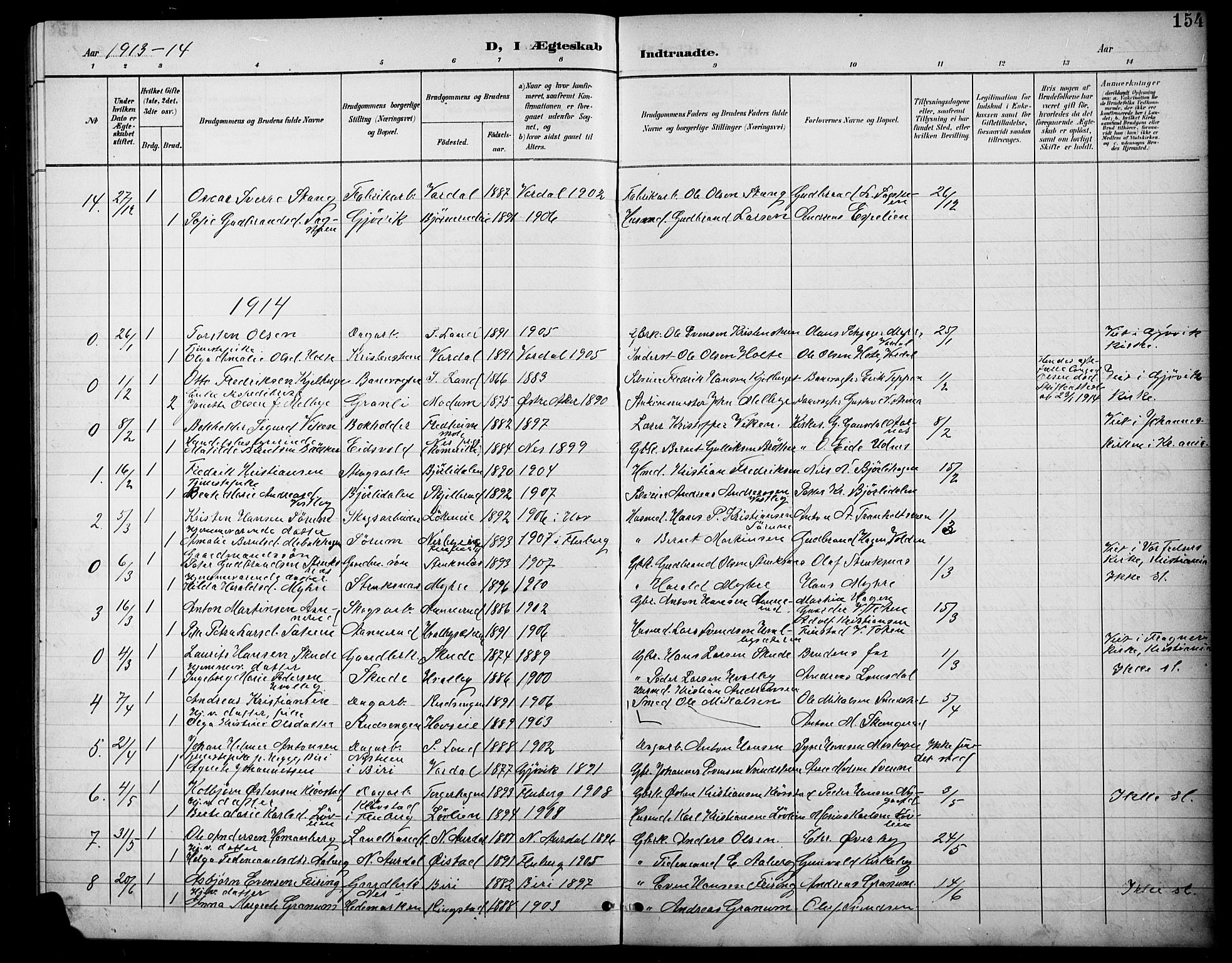 Søndre Land prestekontor, AV/SAH-PREST-122/L/L0004: Parish register (copy) no. 4, 1901-1915, p. 154