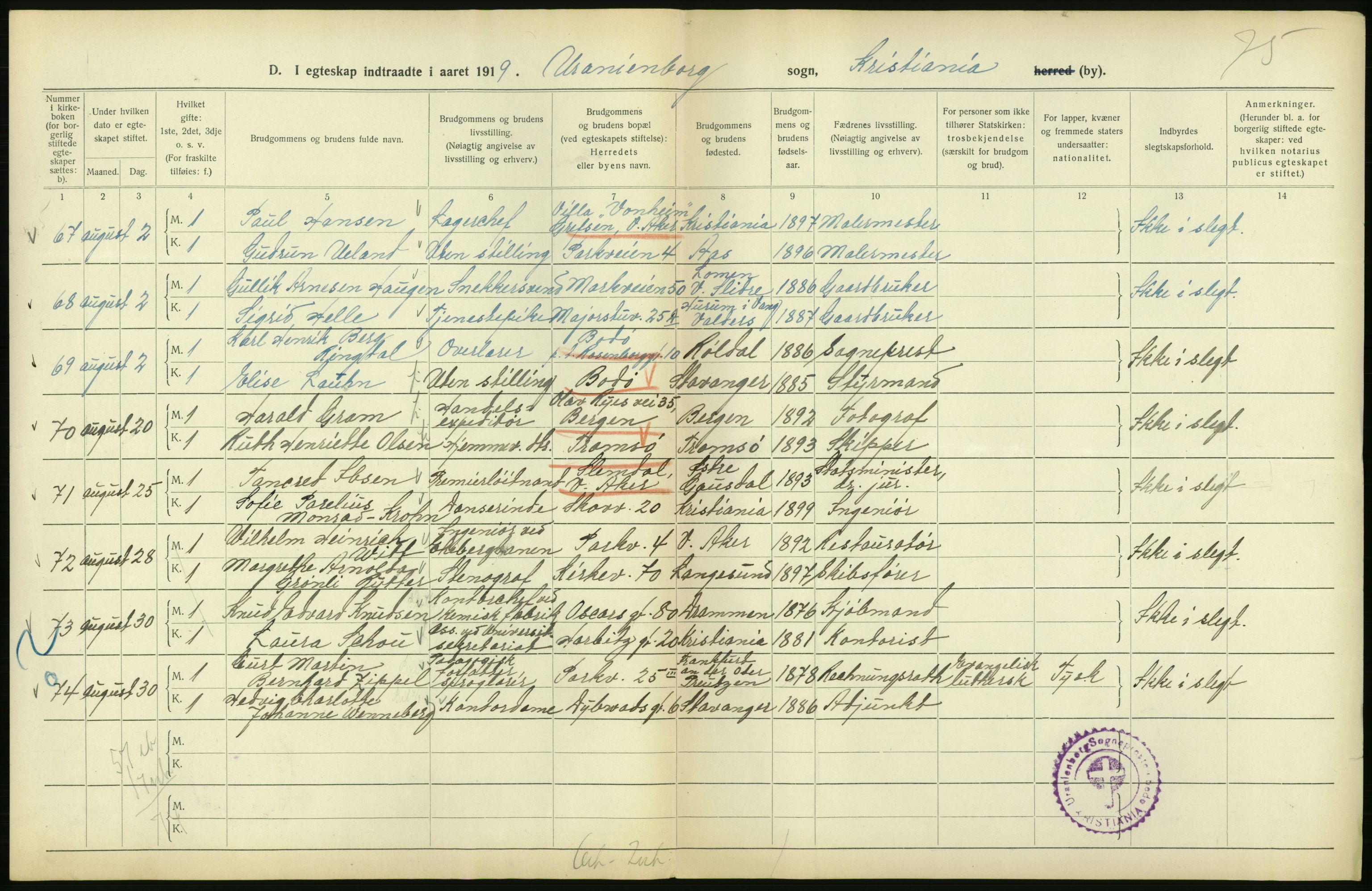 Statistisk sentralbyrå, Sosiodemografiske emner, Befolkning, AV/RA-S-2228/D/Df/Dfb/Dfbi/L0009: Kristiania: Gifte, 1919, p. 224