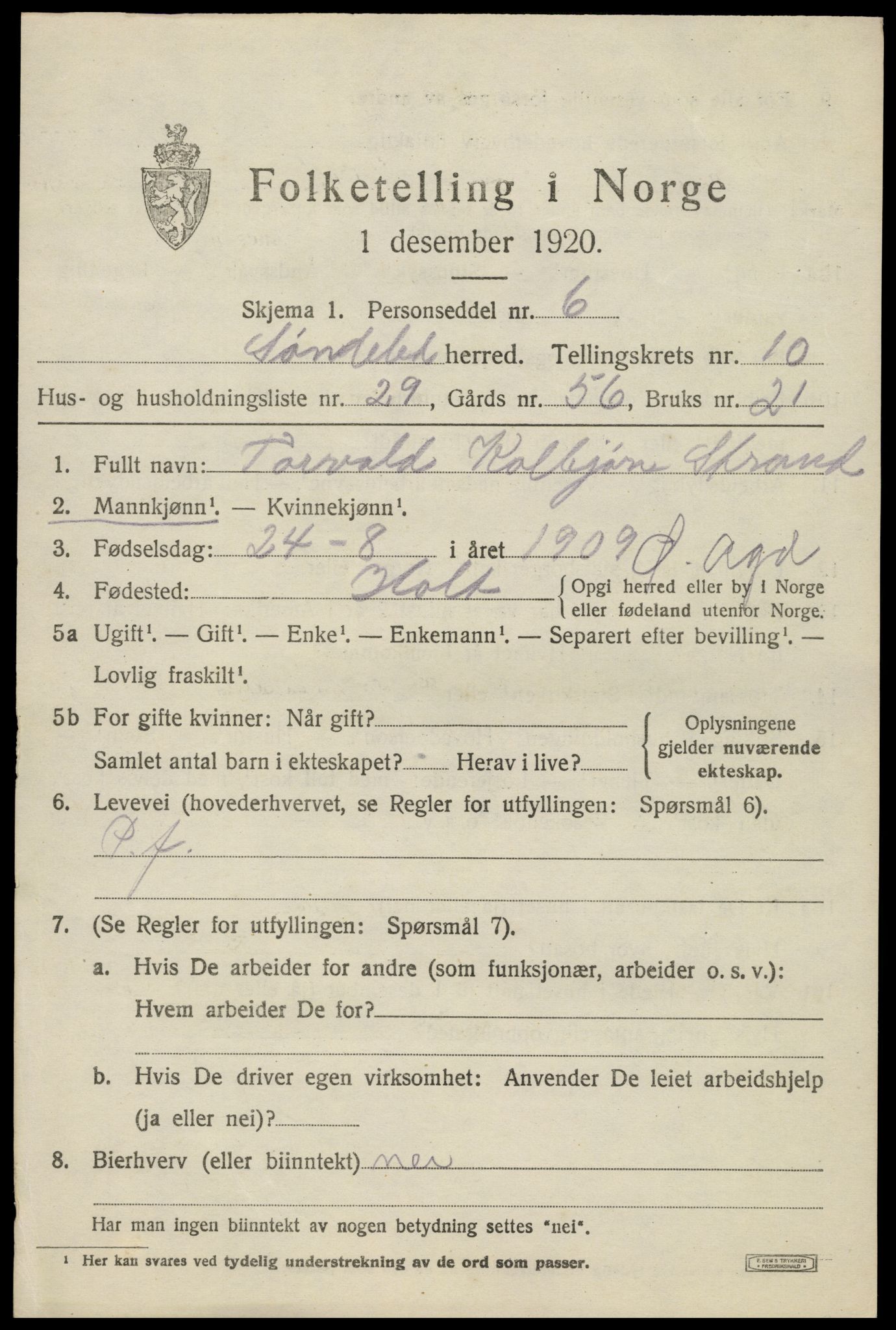 SAK, 1920 census for Søndeled, 1920, p. 5289