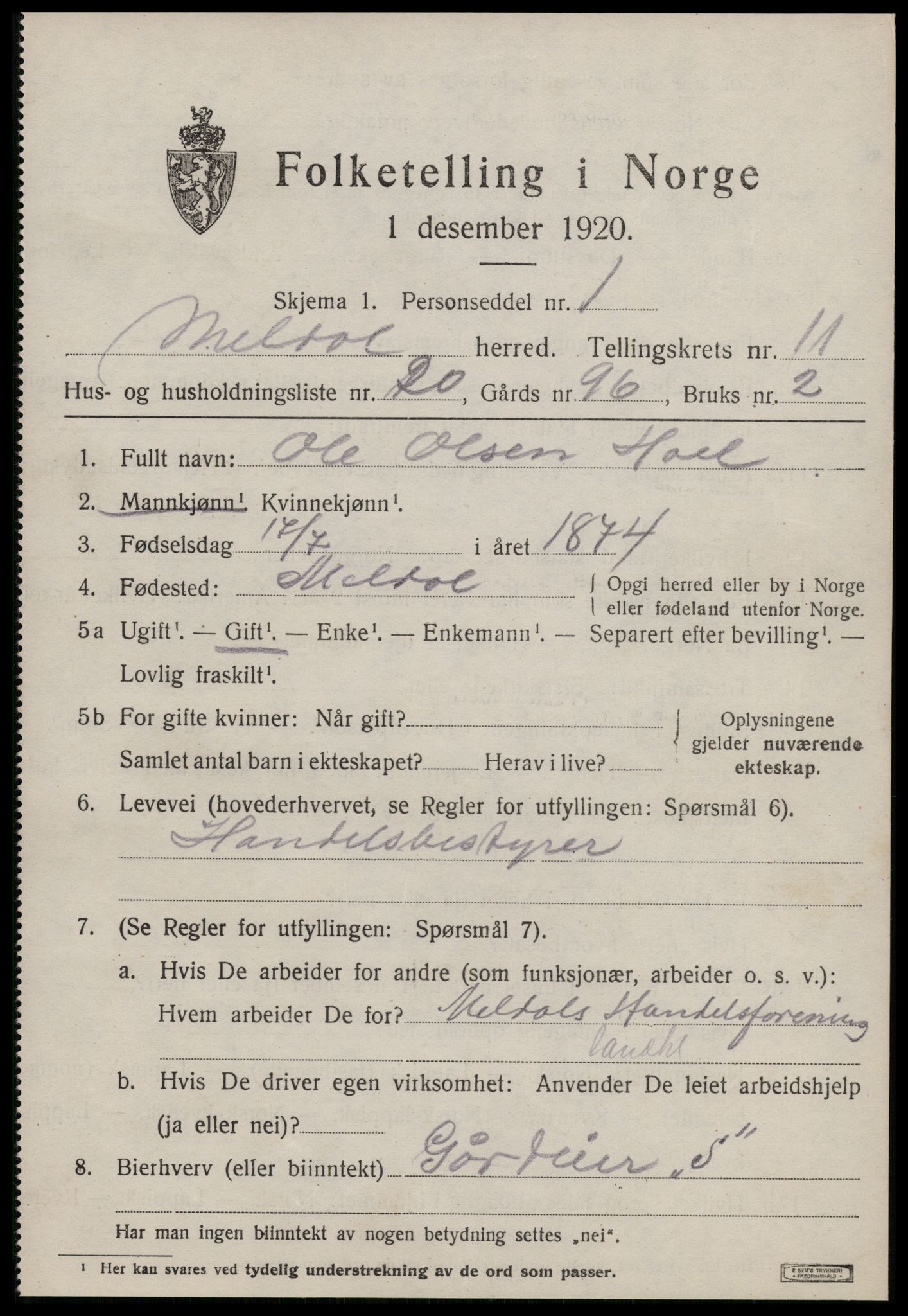 SAT, 1920 census for Meldal, 1920, p. 8705