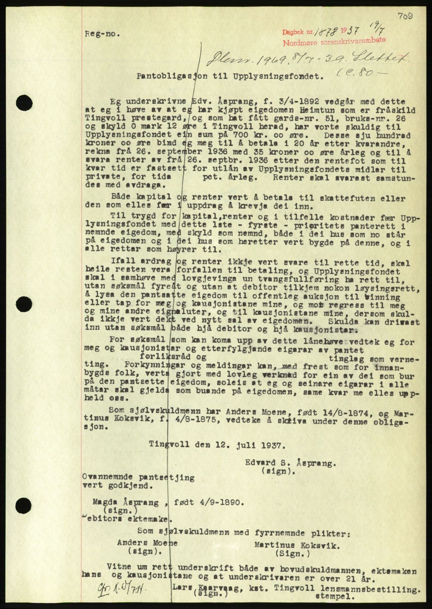 Nordmøre sorenskriveri, AV/SAT-A-4132/1/2/2Ca/L0091: Mortgage book no. B81, 1937-1937, Diary no: : 1878/1937