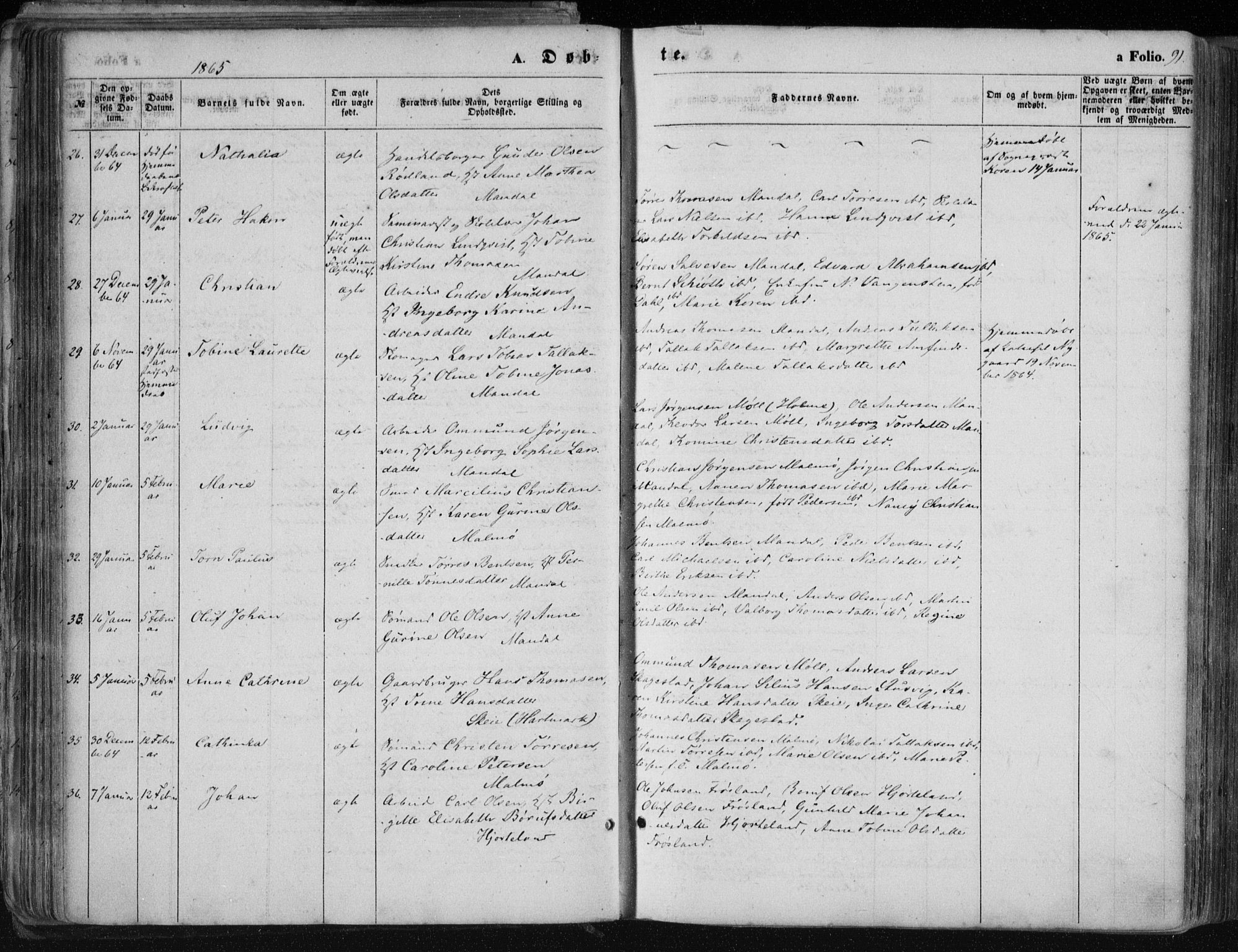 Mandal sokneprestkontor, AV/SAK-1111-0030/F/Fa/Faa/L0014: Parish register (official) no. A 14, 1859-1872, p. 91