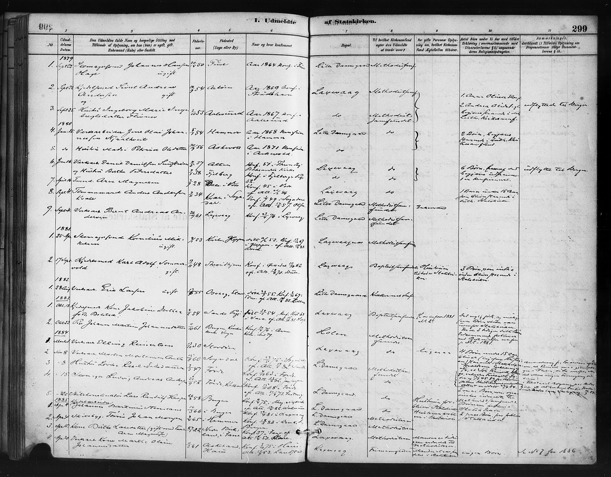 Askøy Sokneprestembete, SAB/A-74101/H/Ha/Haa/Haae/L0002: Parish register (official) no. E 2, 1878-1891, p. 299