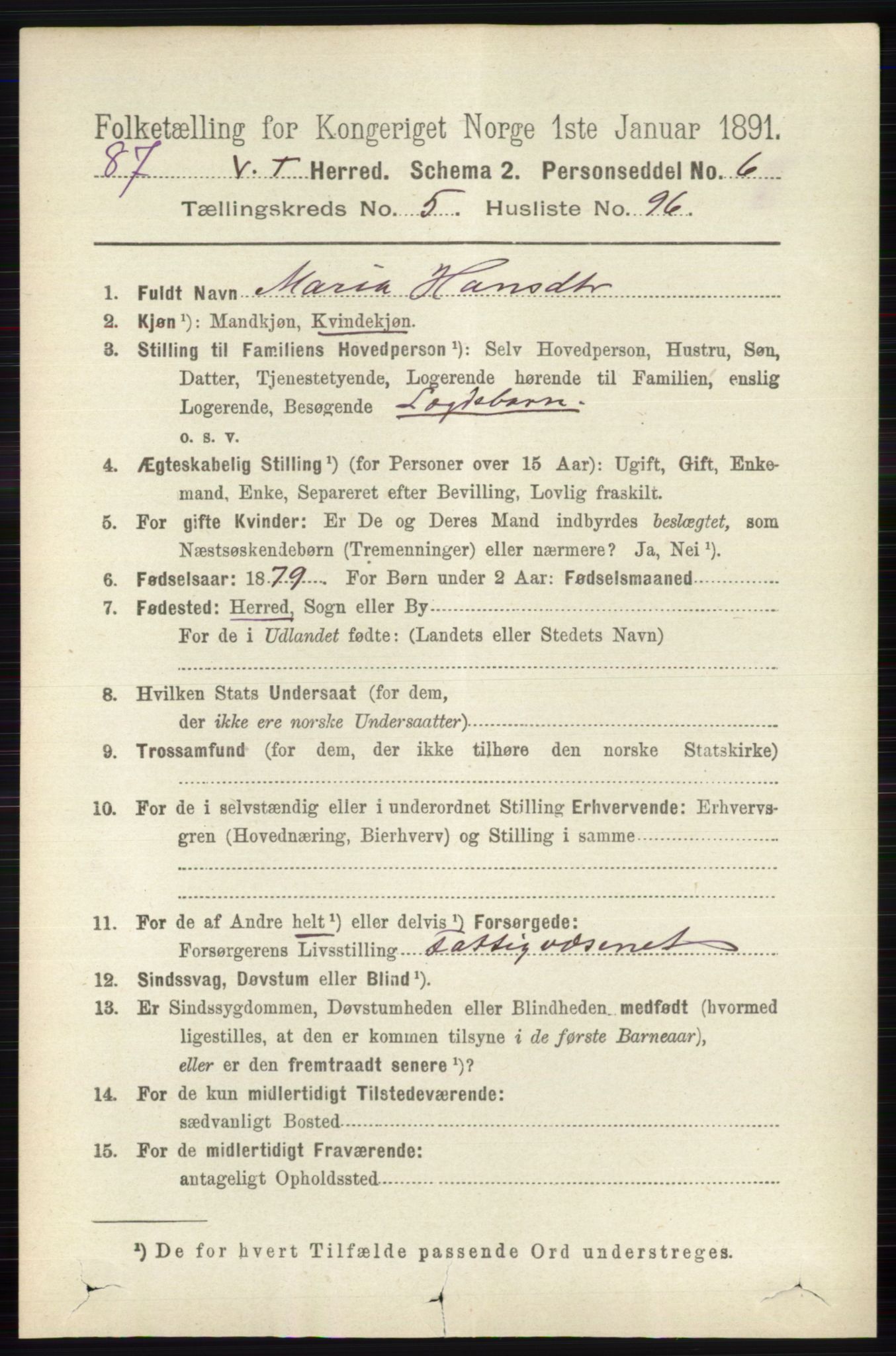 RA, 1891 census for 0529 Vestre Toten, 1891, p. 3726