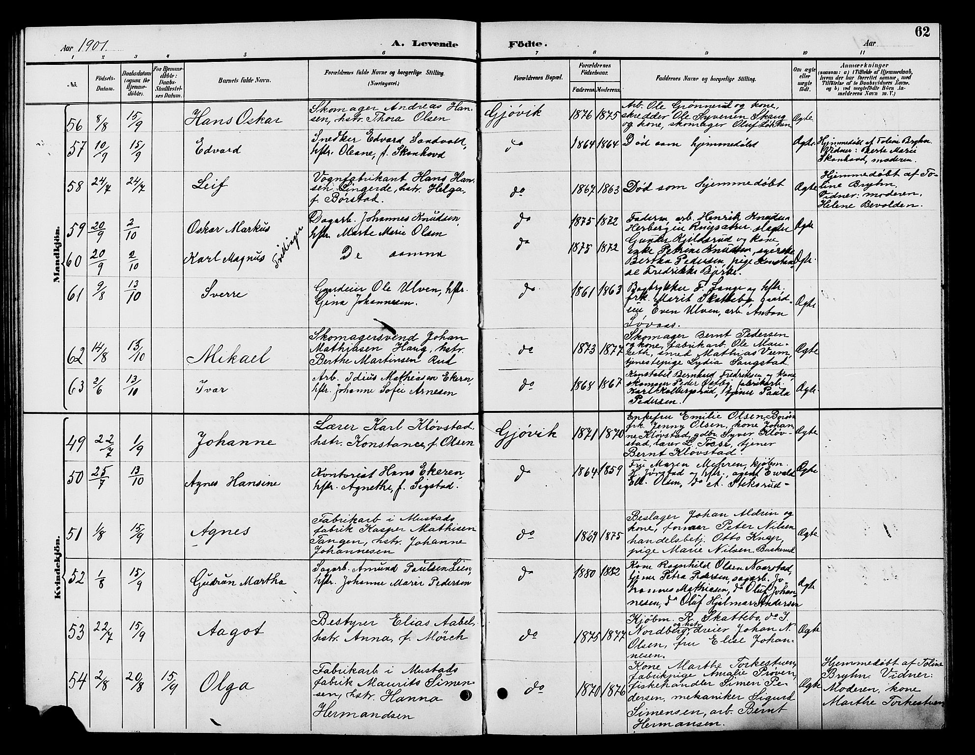 Vardal prestekontor, SAH/PREST-100/H/Ha/Hab/L0009: Parish register (copy) no. 9, 1894-1902, p. 62