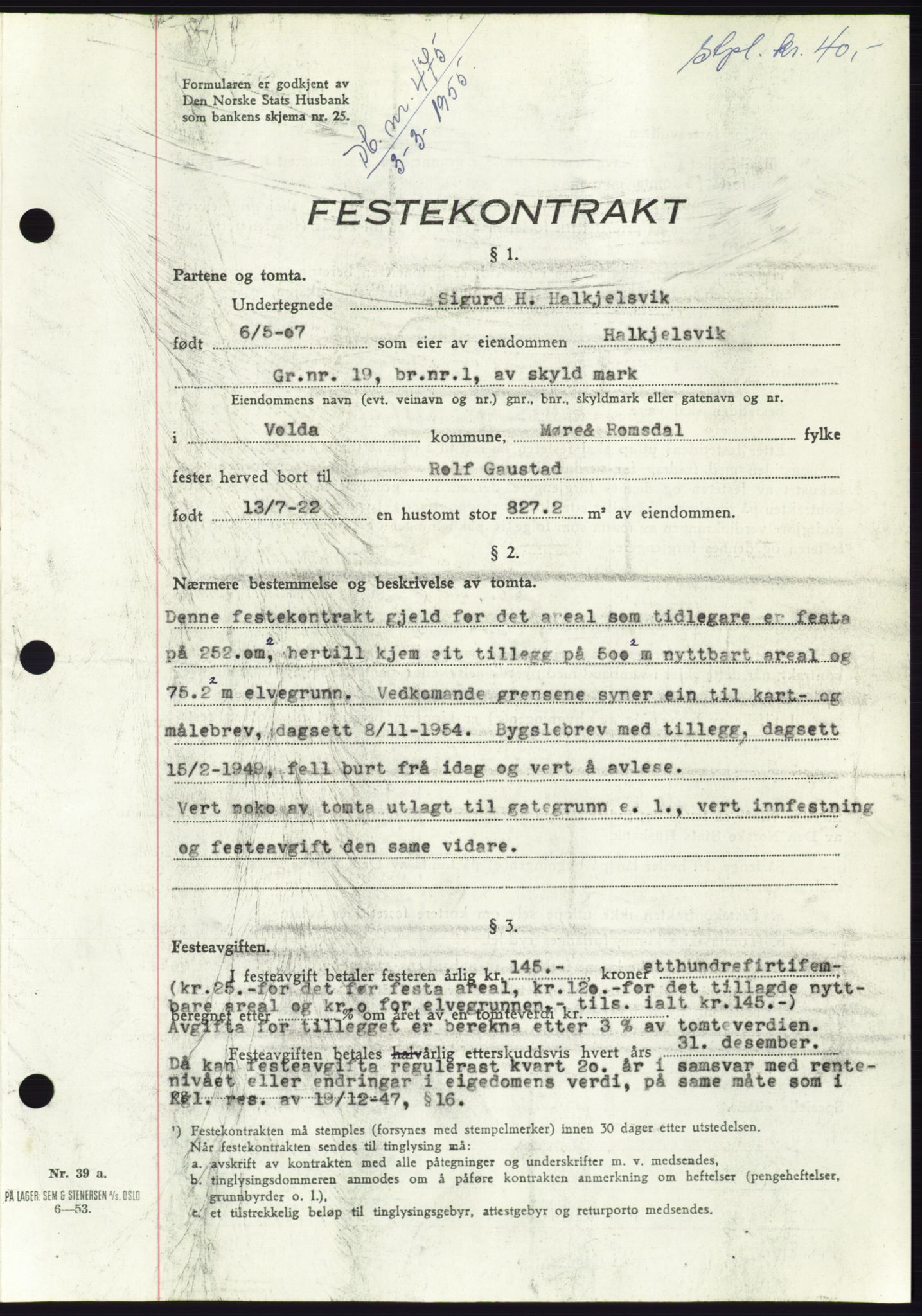 Søre Sunnmøre sorenskriveri, AV/SAT-A-4122/1/2/2C/L0100: Mortgage book no. 26A, 1954-1955, Diary no: : 475/1955