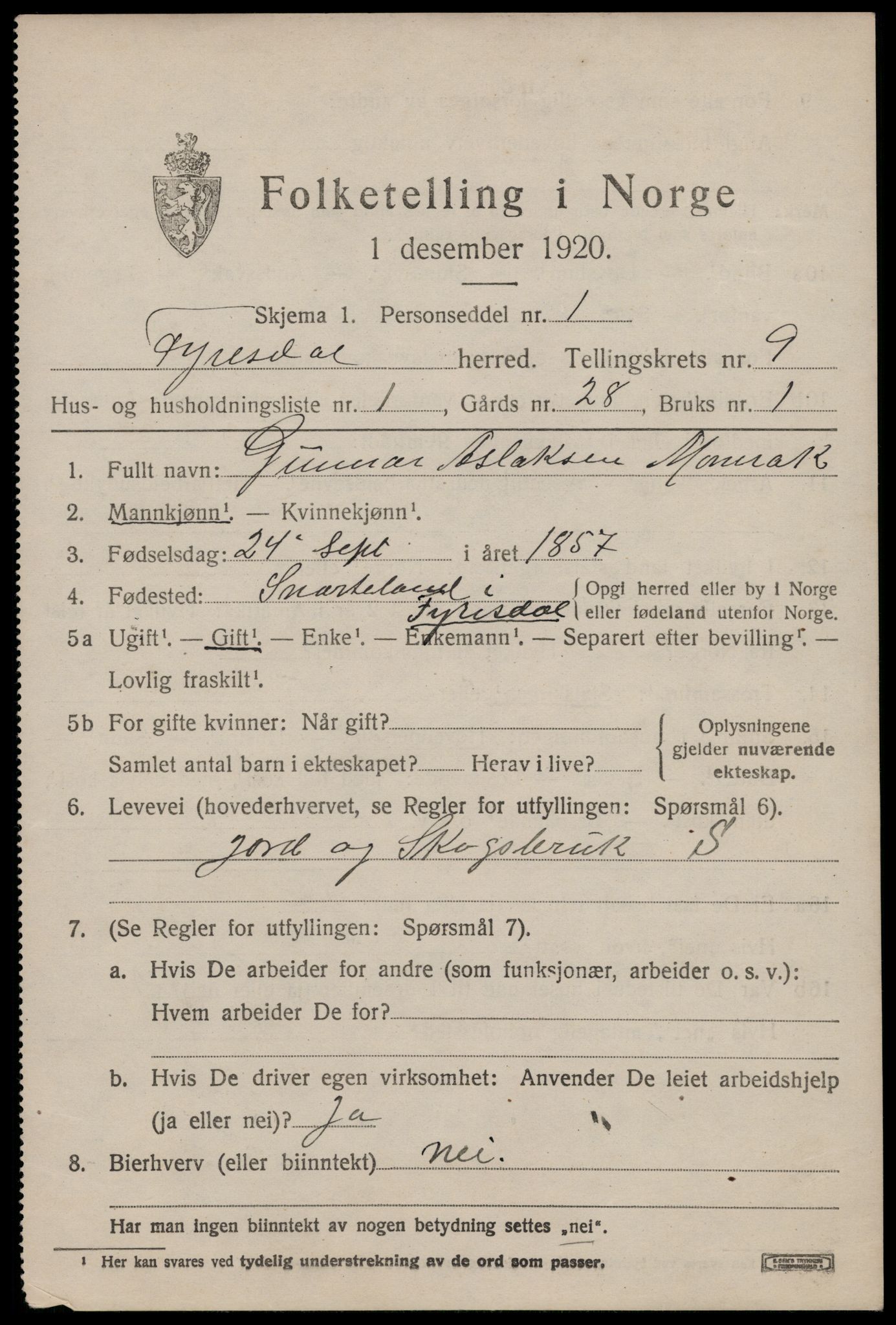 SAKO, 1920 census for Fyresdal, 1920, p. 3653