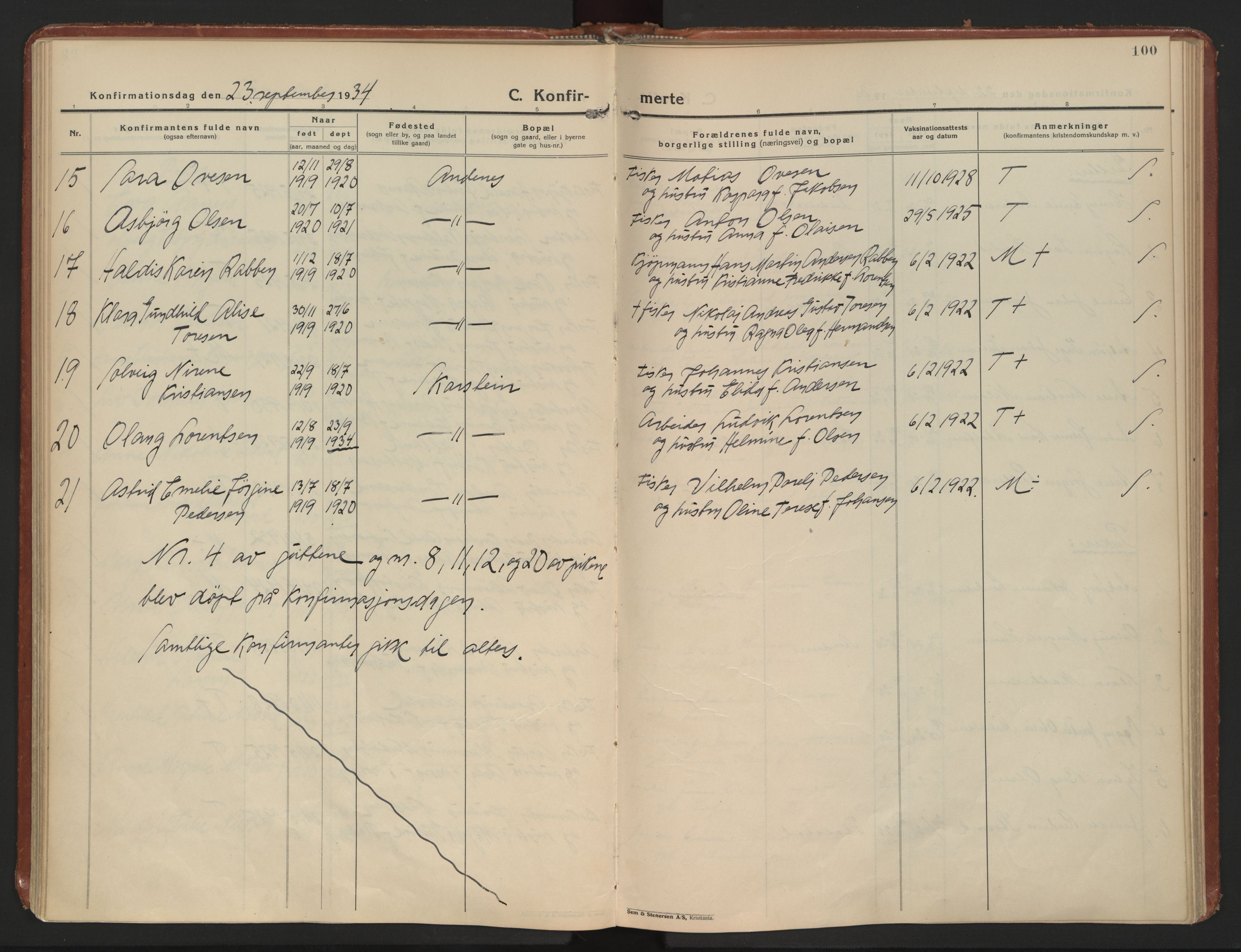 Ministerialprotokoller, klokkerbøker og fødselsregistre - Nordland, AV/SAT-A-1459/899/L1441: Parish register (official) no. 899A09, 1923-1939, p. 100