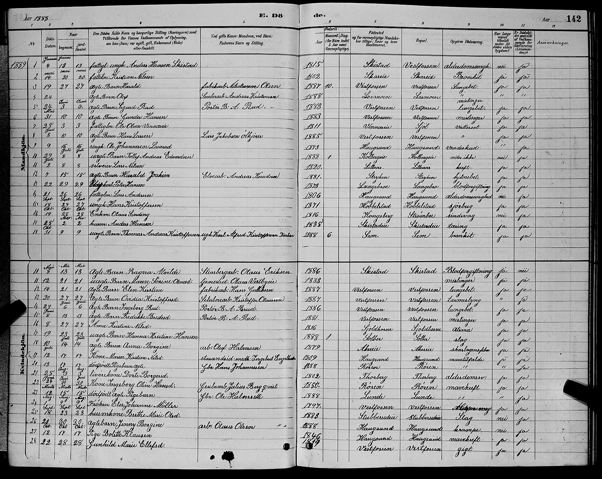 Eiker kirkebøker, SAKO/A-4/G/Ga/L0006: Parish register (copy) no. I 6, 1885-1893, p. 142