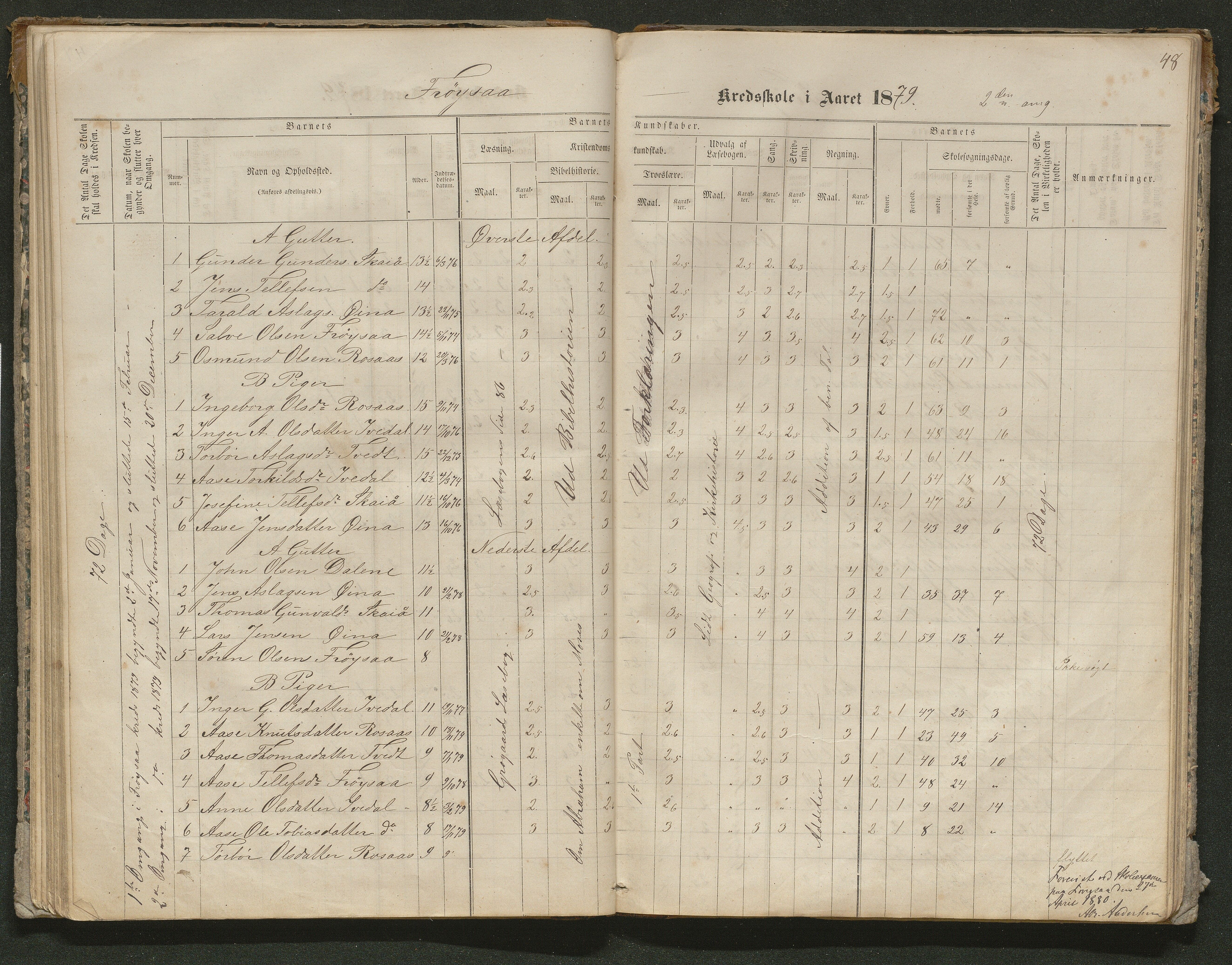 Iveland kommune, De enkelte kretsene/Skolene, AAKS/KA0935-550/A_10/L0005: Skoleprotokoll for Frøyså og Mykland krets, 1864-1881, p. 48