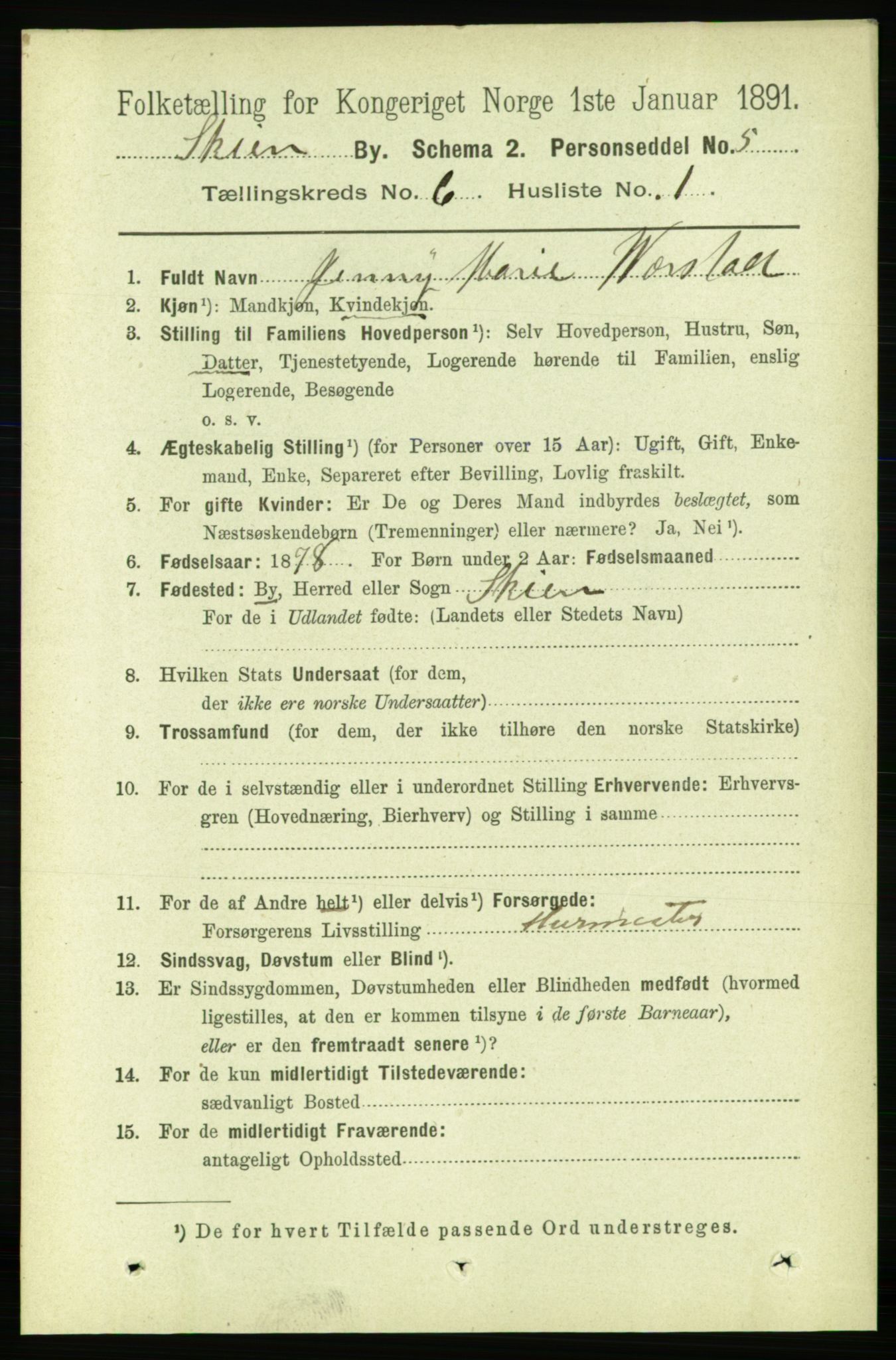 RA, 1891 census for 0806 Skien, 1891, p. 2998