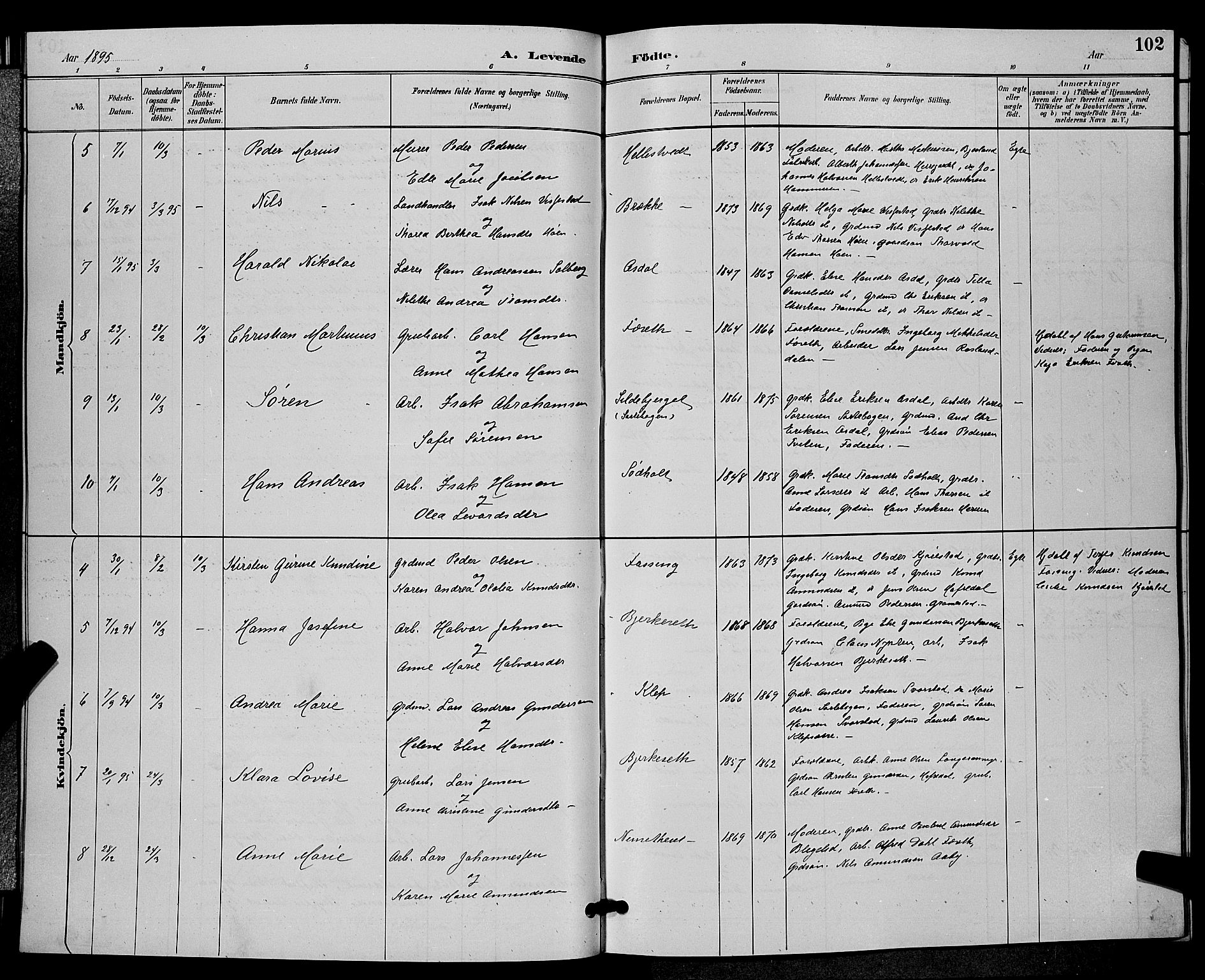 Bamble kirkebøker, SAKO/A-253/G/Ga/L0009: Parish register (copy) no. I 9, 1888-1900, p. 102