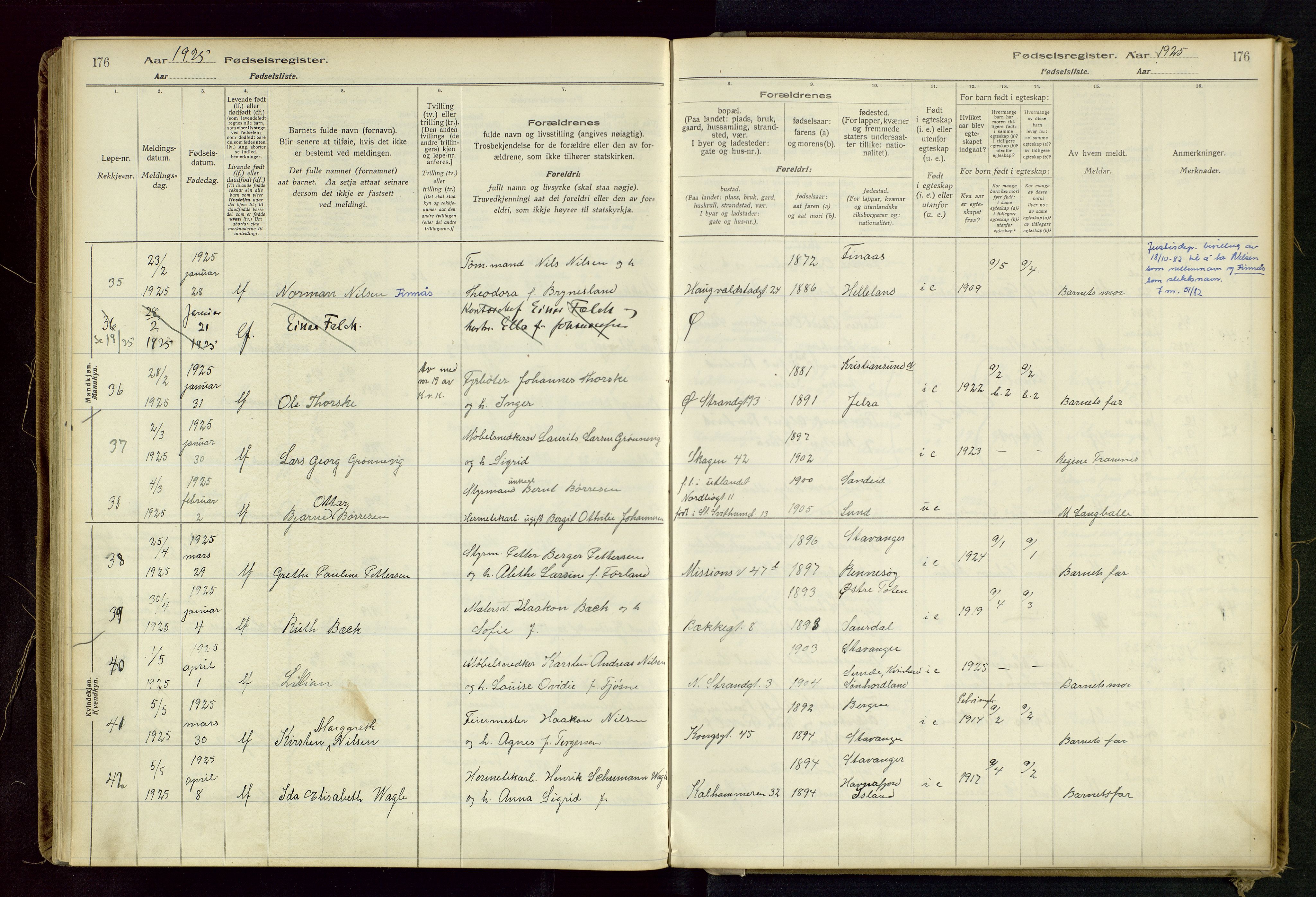 Domkirken sokneprestkontor, SAST/A-101812/002/B/L0002: Birth register no. 2, 1920-1925, p. 176