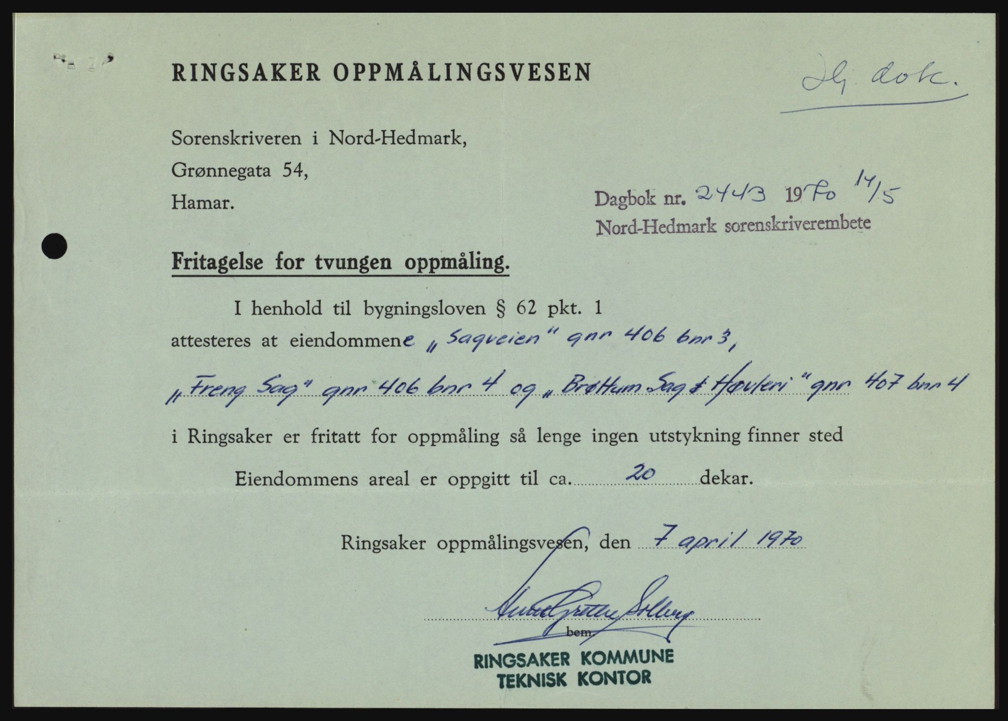 Nord-Hedmark sorenskriveri, SAH/TING-012/H/Hc/L0033: Mortgage book no. 33, 1970-1970, Diary no: : 2443/1970