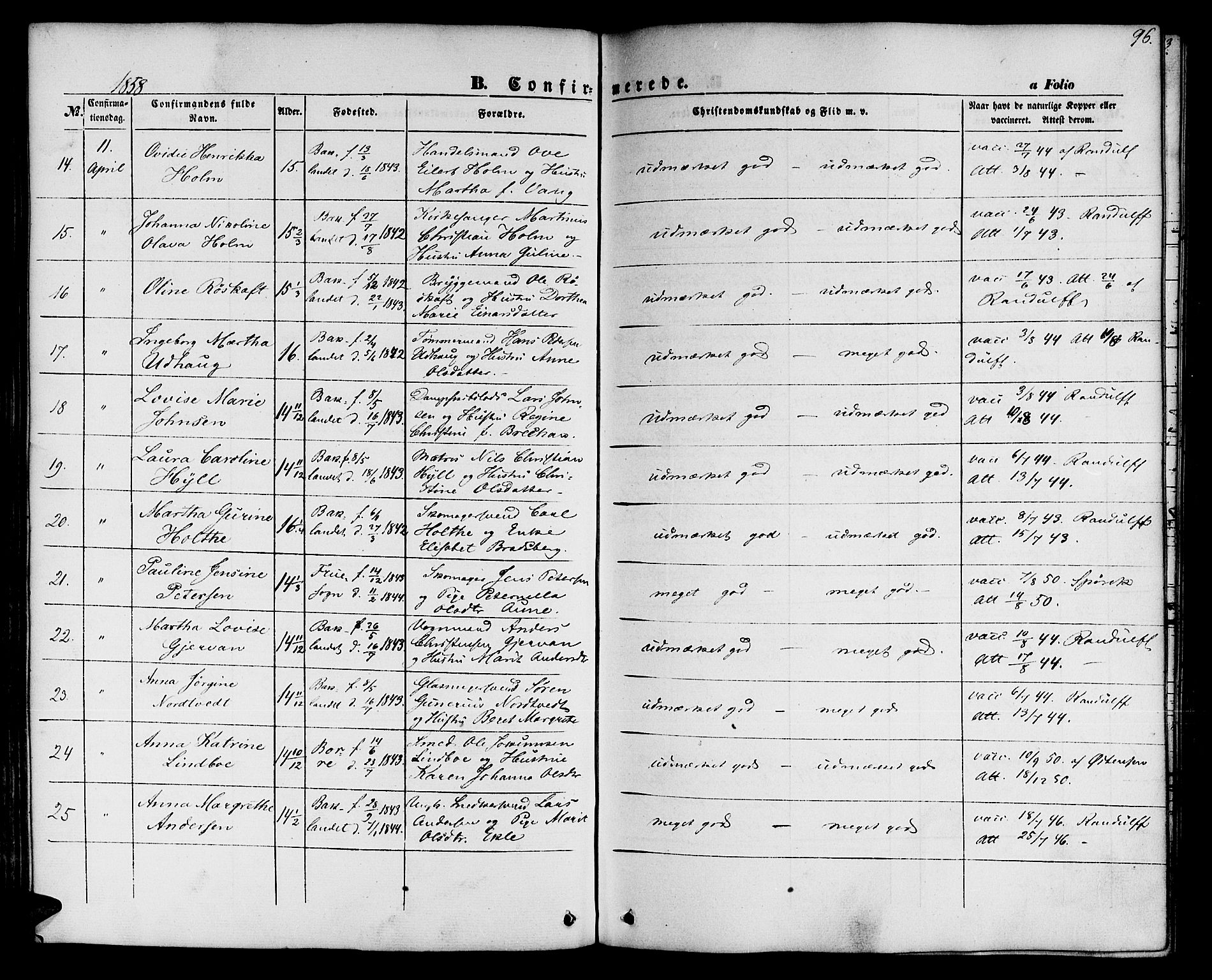 Ministerialprotokoller, klokkerbøker og fødselsregistre - Sør-Trøndelag, AV/SAT-A-1456/604/L0184: Parish register (official) no. 604A05, 1851-1860, p. 96