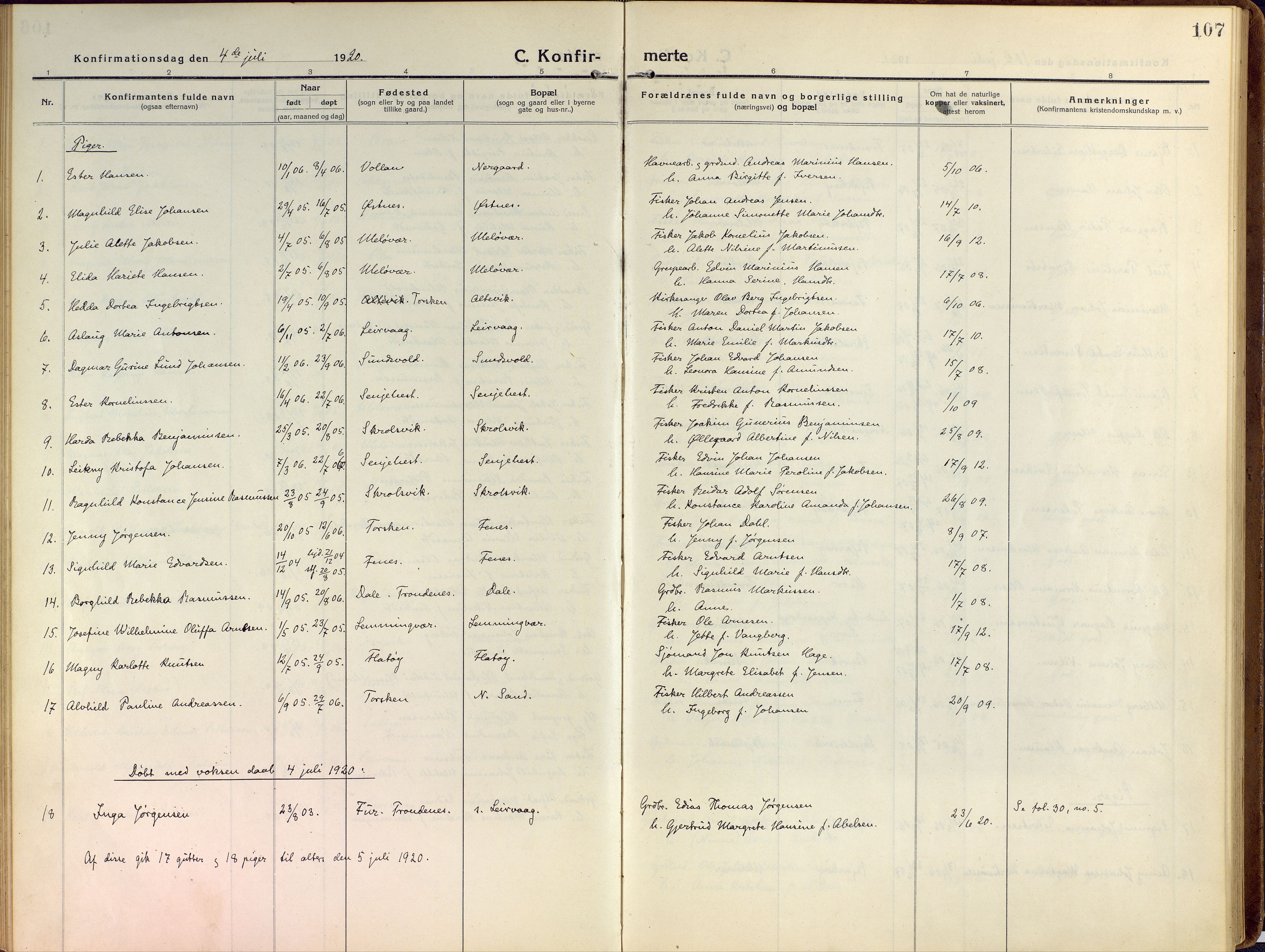 Sand/Bjarkøy sokneprestkontor, AV/SATØ-S-0811/I/Ia/Iaa/L0006kirke: Parish register (official) no. 6, 1915-1929, p. 107