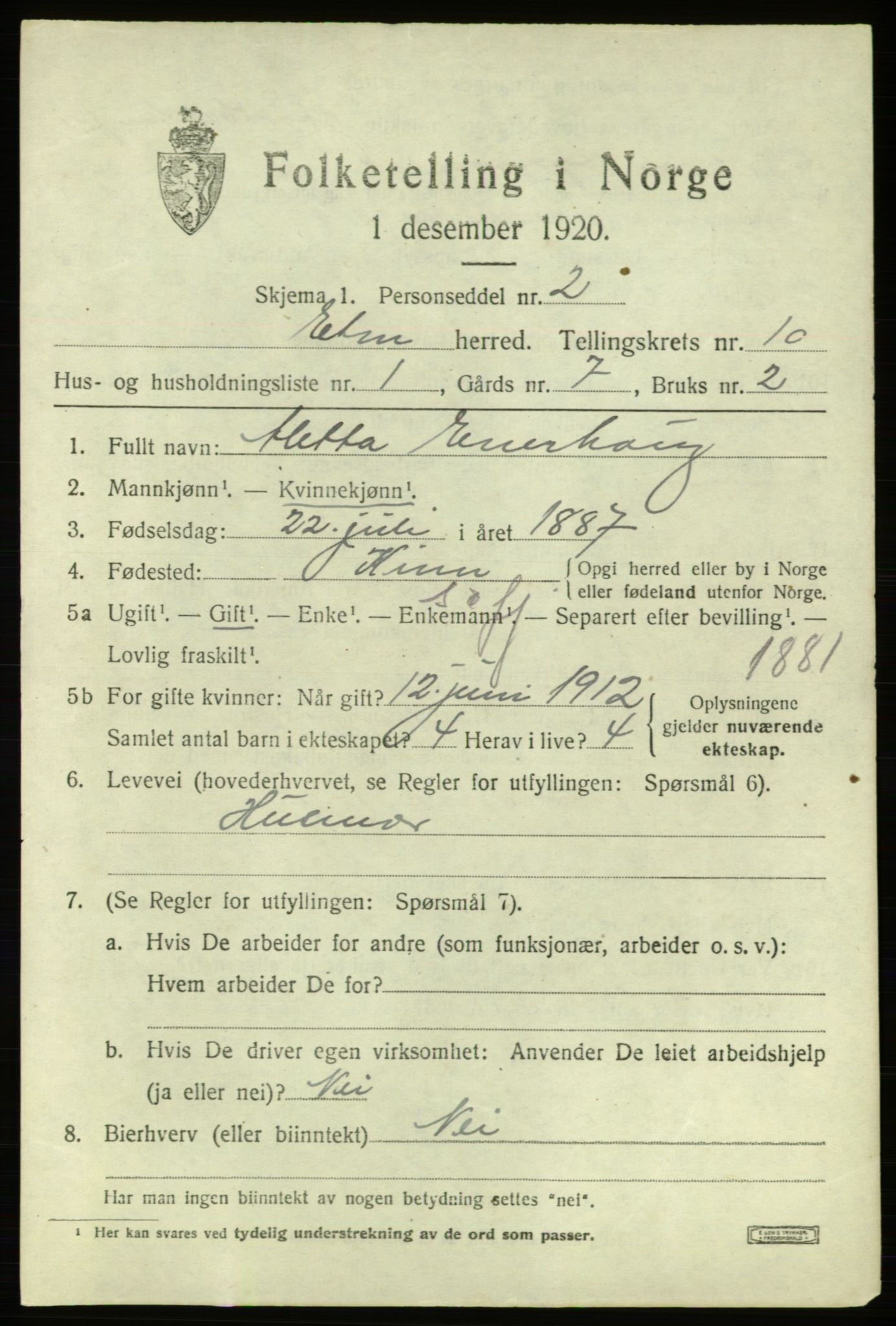 SAB, 1920 census for Etne, 1920, p. 4117