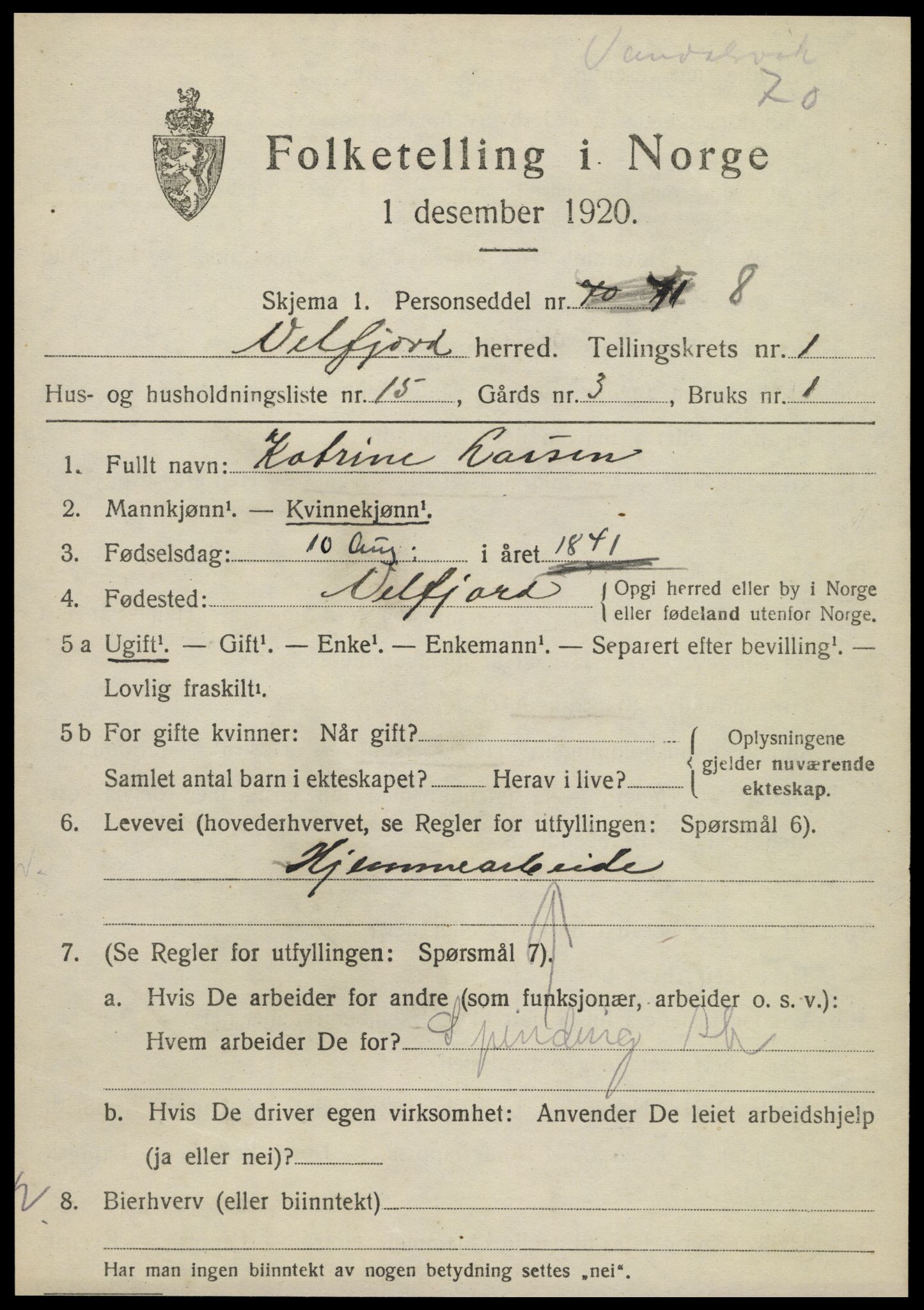 SAT, 1920 census for Velfjord, 1920, p. 723