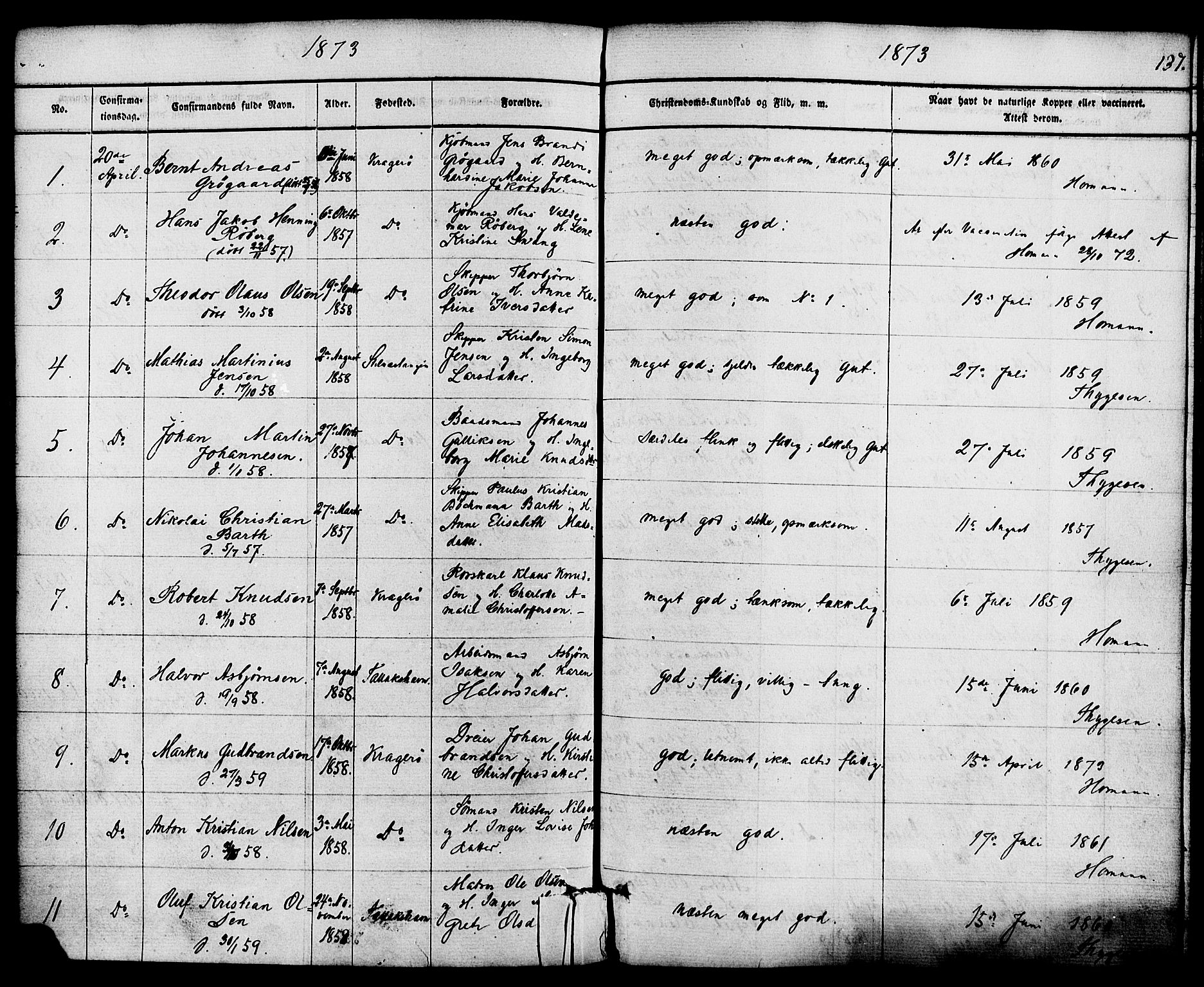 Kragerø kirkebøker, SAKO/A-278/F/Fa/L0008: Parish register (official) no. 8, 1856-1880, p. 137