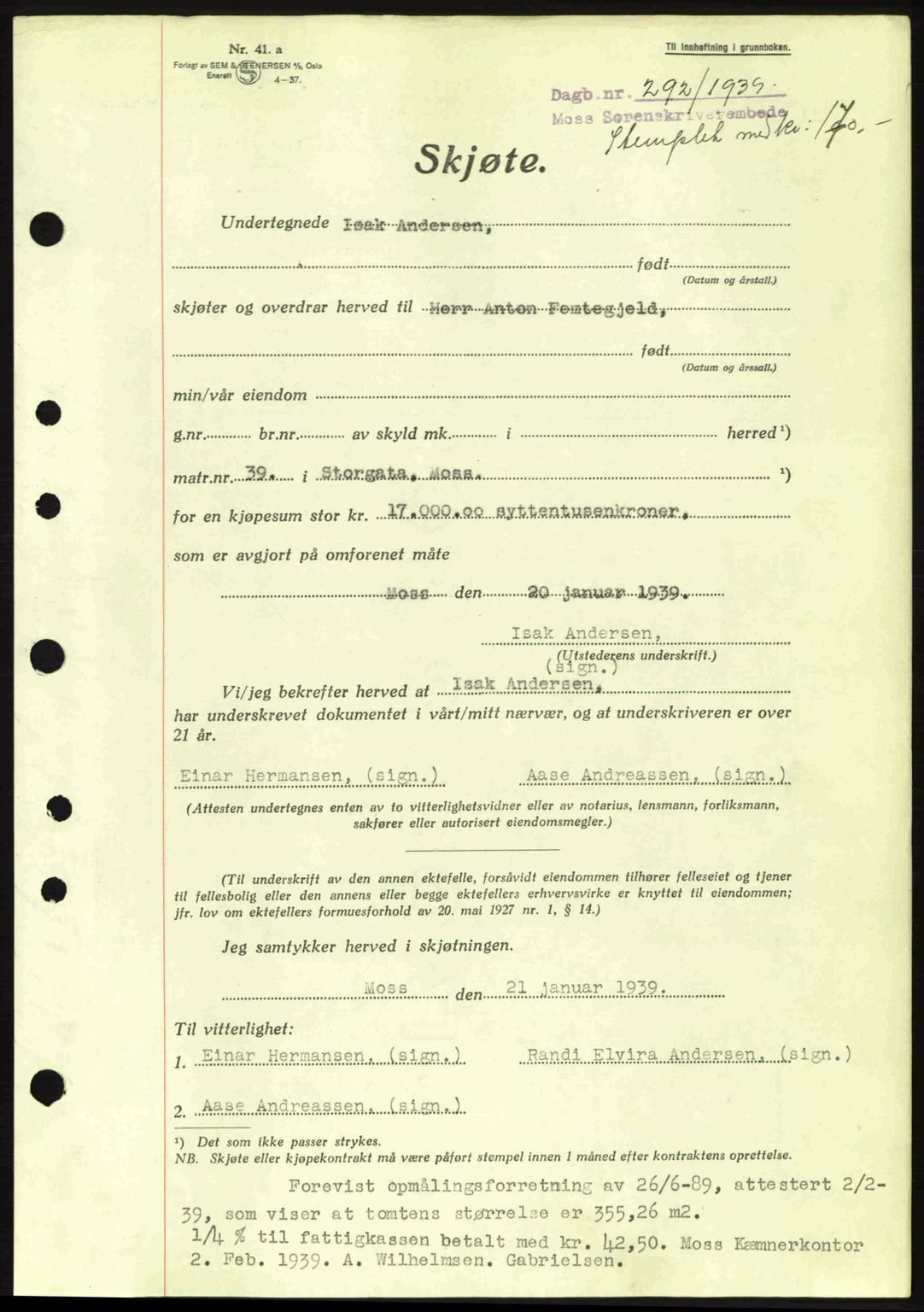 Moss sorenskriveri, SAO/A-10168: Mortgage book no. A5, 1938-1939, Diary no: : 292/1939