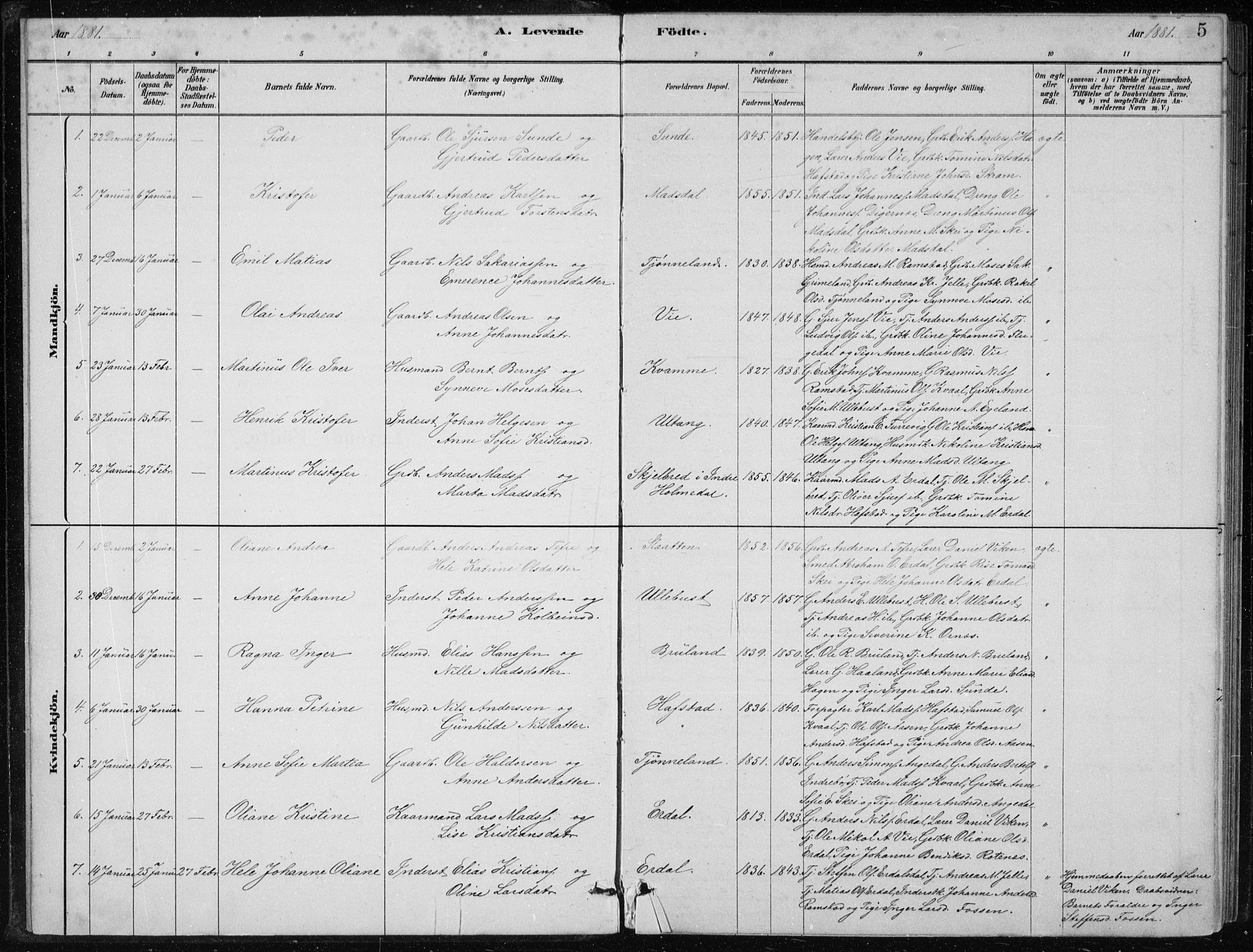 Førde sokneprestembete, SAB/A-79901/H/Hab/Haba/L0002: Parish register (copy) no. A 2, 1881-1898, p. 5