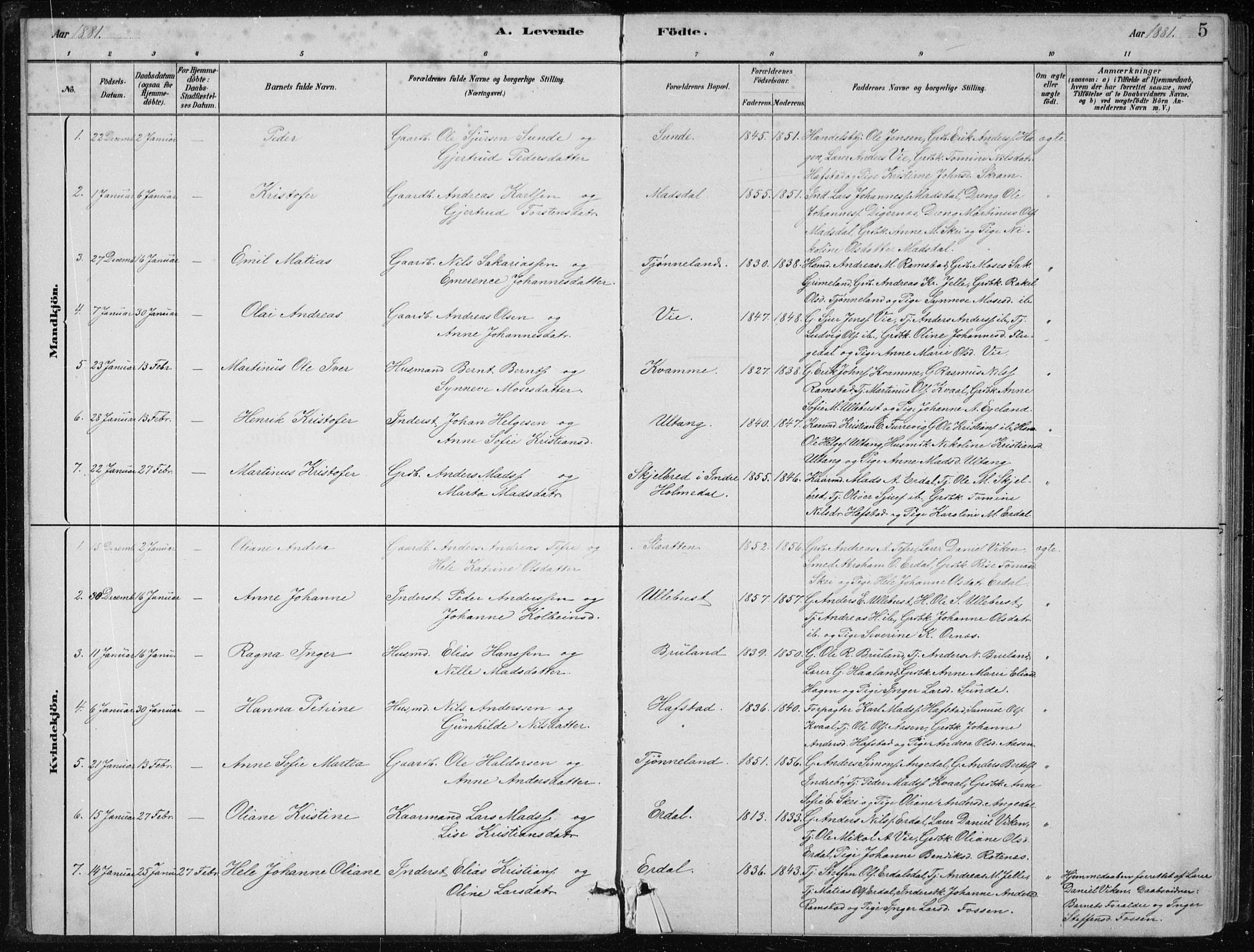 Førde sokneprestembete, AV/SAB-A-79901/H/Hab/Haba/L0002: Parish register (copy) no. A 2, 1881-1898, p. 5