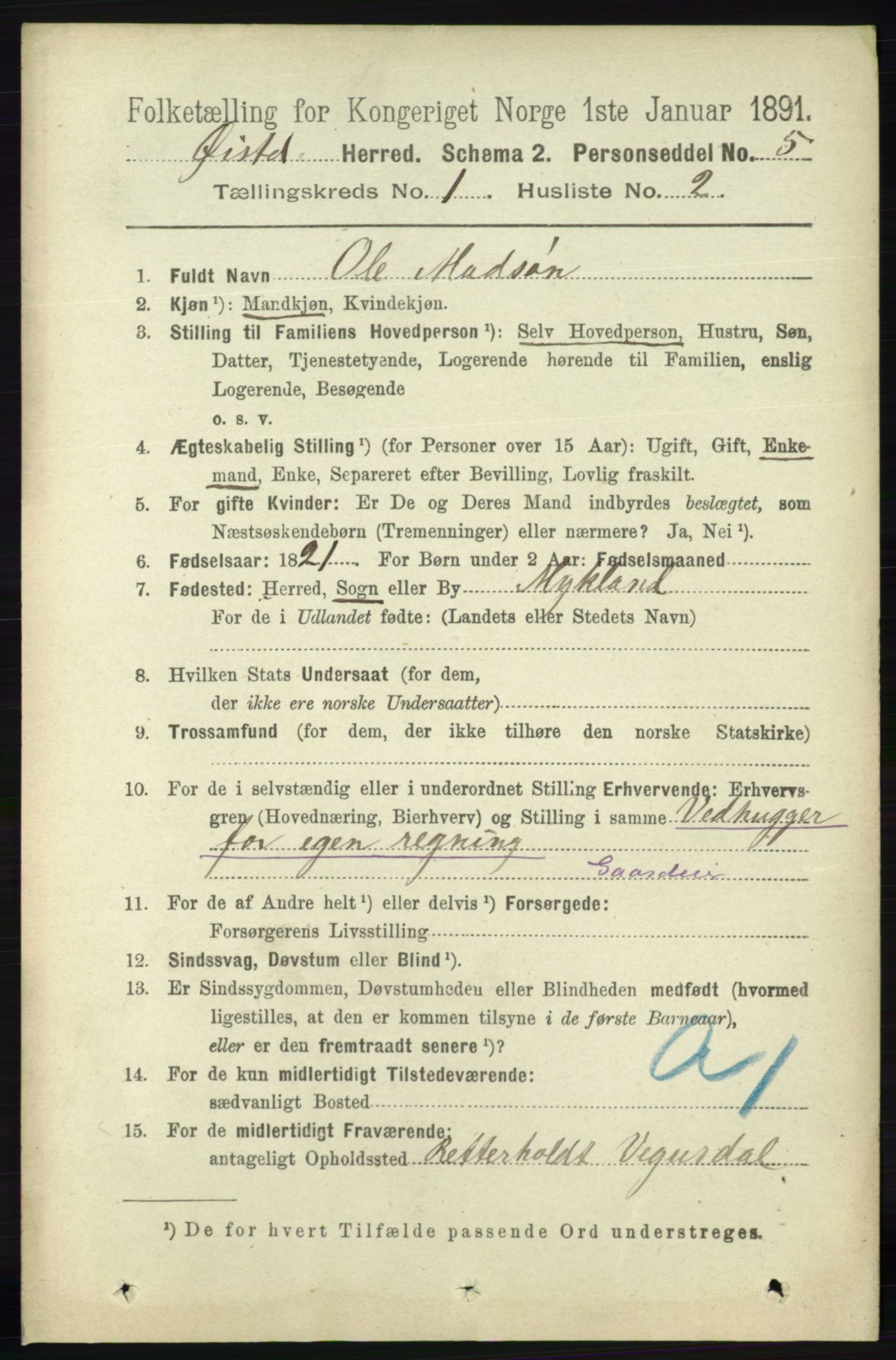 RA, 1891 census for 0920 Øyestad, 1891, p. 78