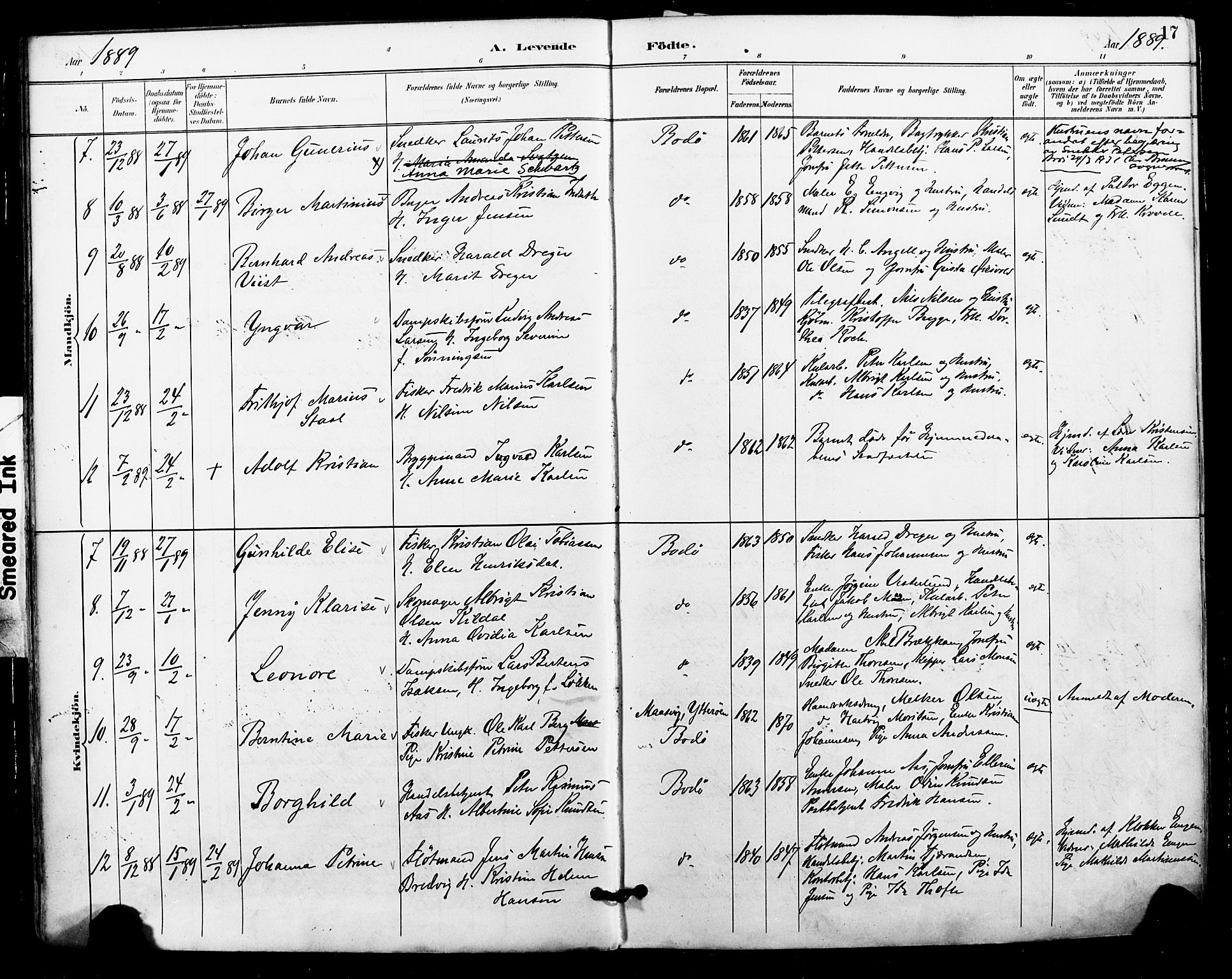 Ministerialprotokoller, klokkerbøker og fødselsregistre - Nordland, AV/SAT-A-1459/801/L0010: Parish register (official) no. 801A10, 1888-1899, p. 17