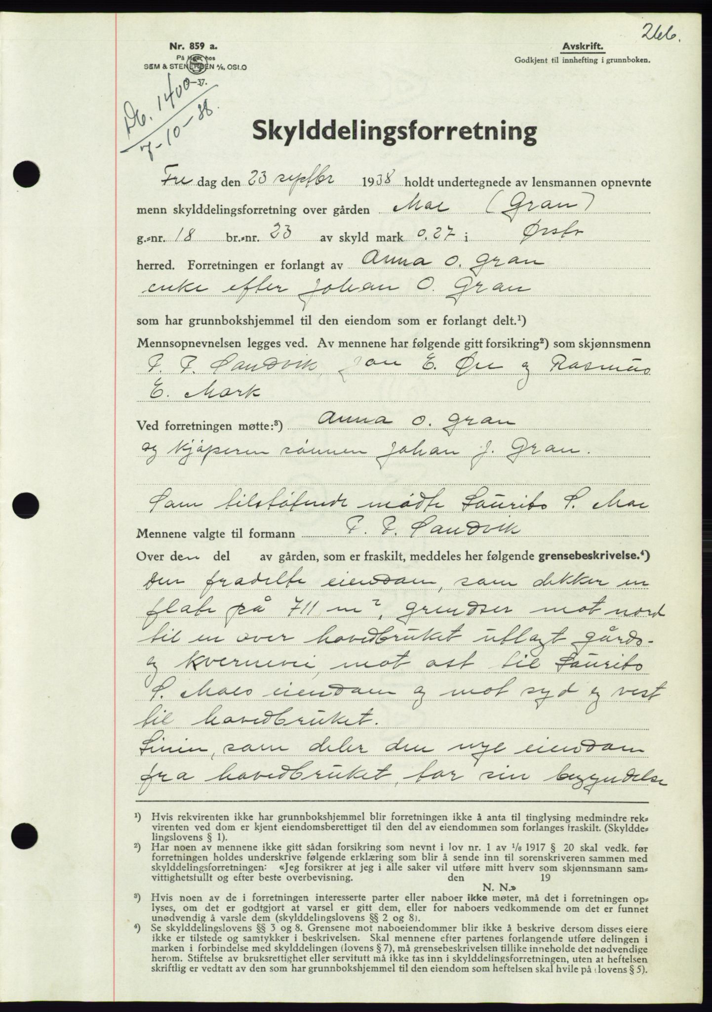 Søre Sunnmøre sorenskriveri, AV/SAT-A-4122/1/2/2C/L0066: Mortgage book no. 60, 1938-1938, Diary no: : 1400/1938