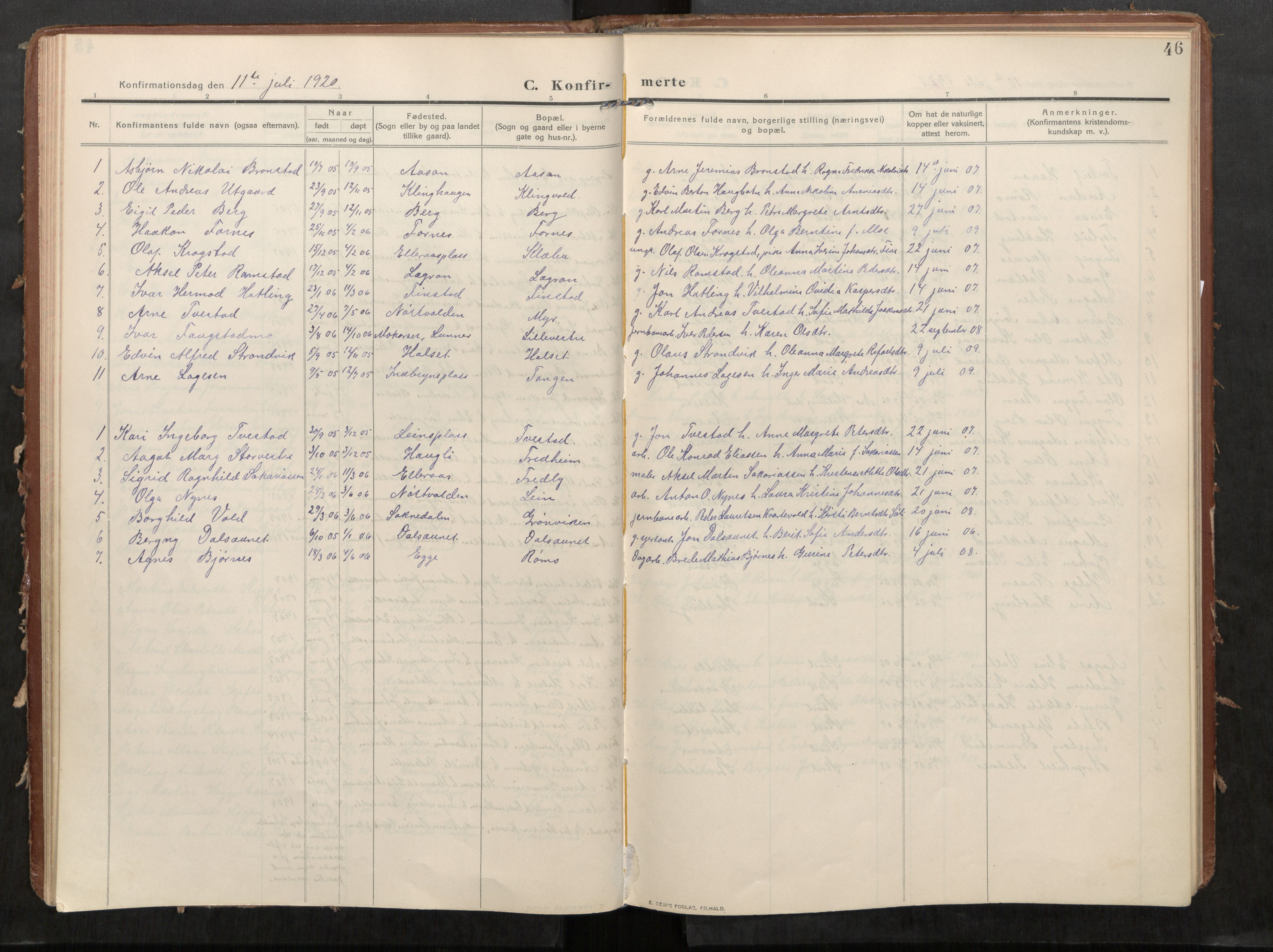 Stod sokneprestkontor, AV/SAT-A-1164/1/I/I1/I1a/L0002: Parish register (official) no. 2, 1909-1922, p. 46