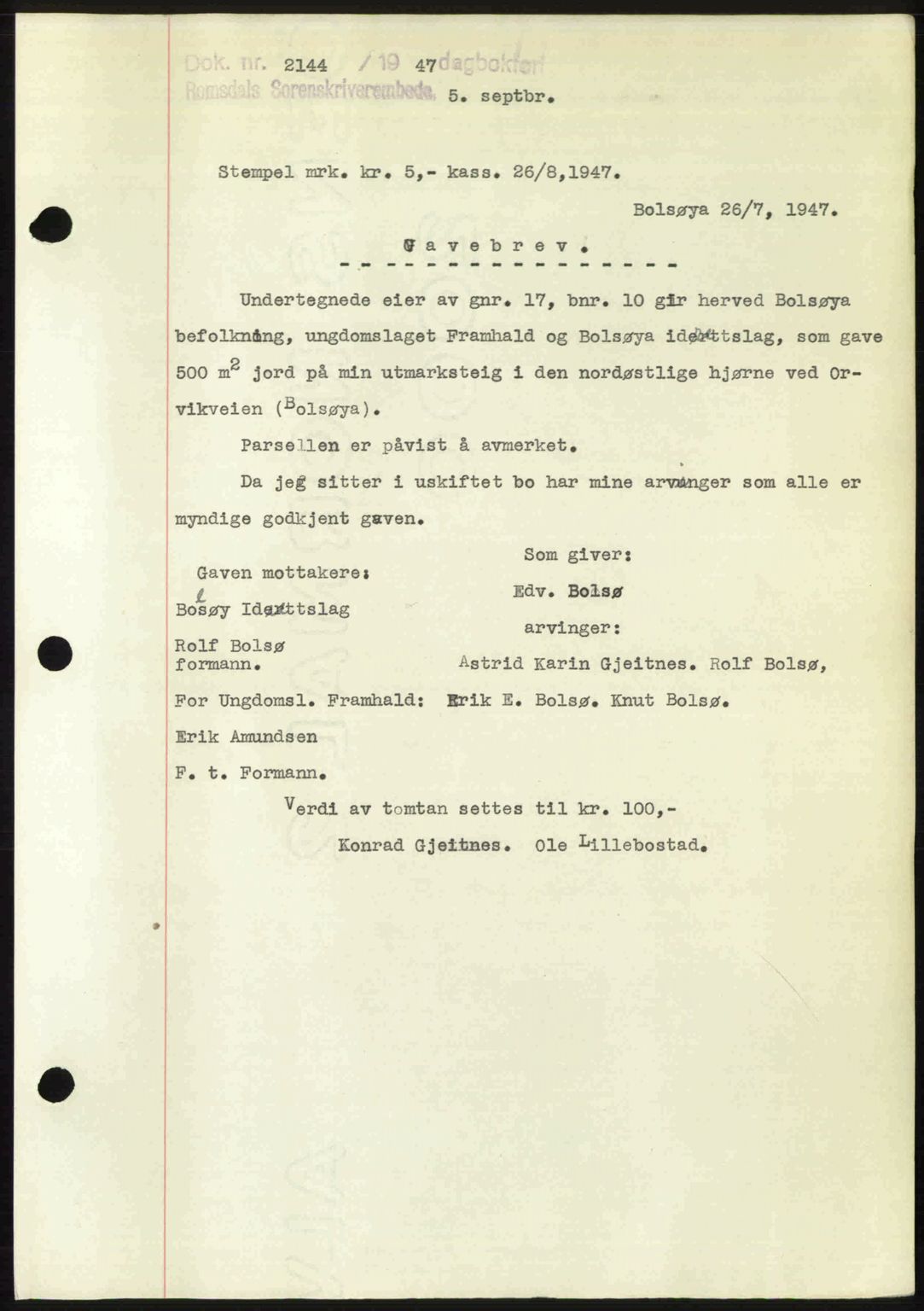 Romsdal sorenskriveri, SAT/A-4149/1/2/2C: Mortgage book no. A24, 1947-1947, Diary no: : 2144/1947