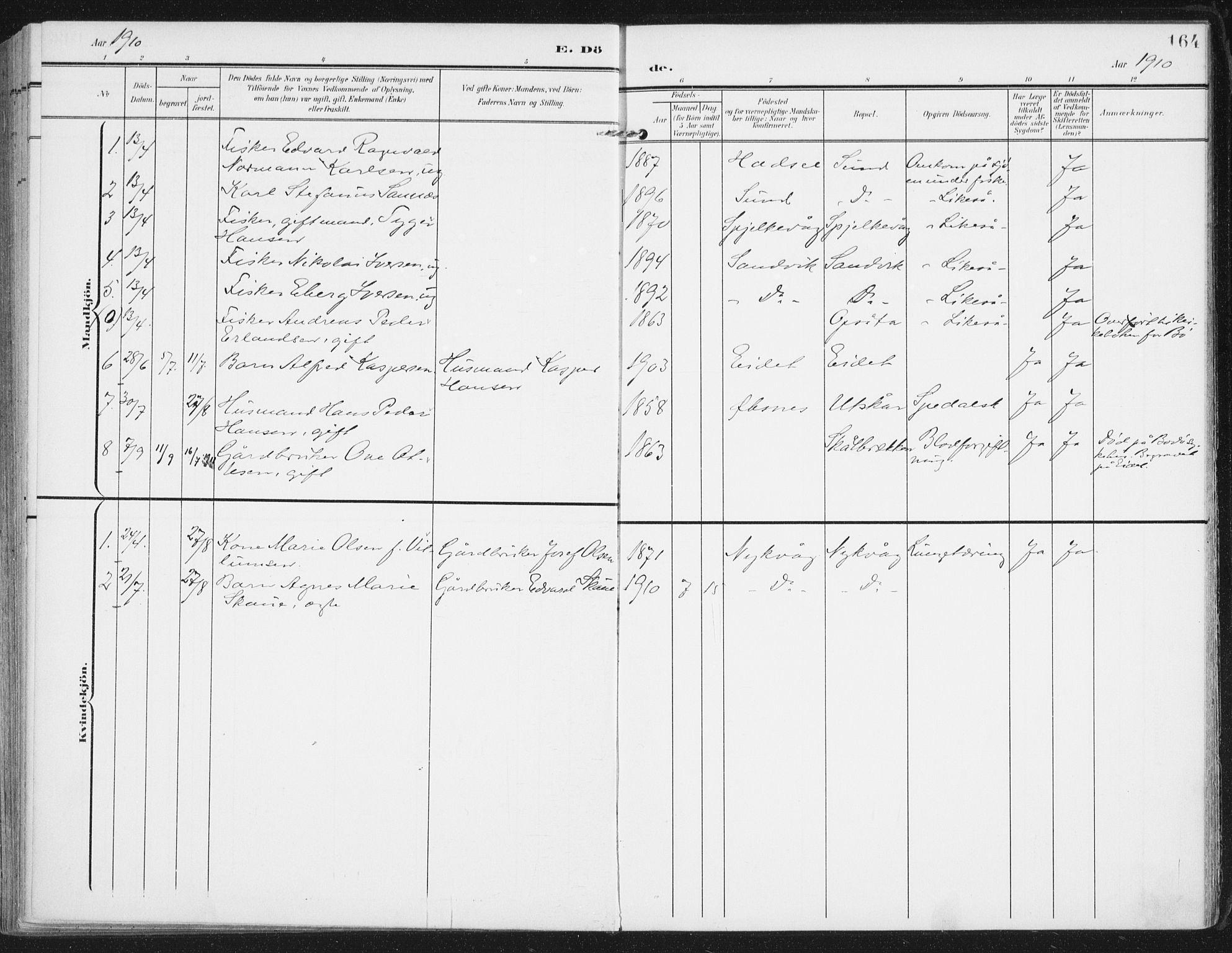 Ministerialprotokoller, klokkerbøker og fødselsregistre - Nordland, SAT/A-1459/892/L1321: Parish register (official) no. 892A02, 1902-1918, p. 164
