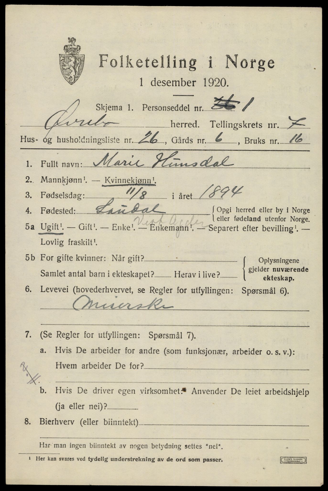 SAK, 1920 census for Øvrebø, 1920, p. 1696