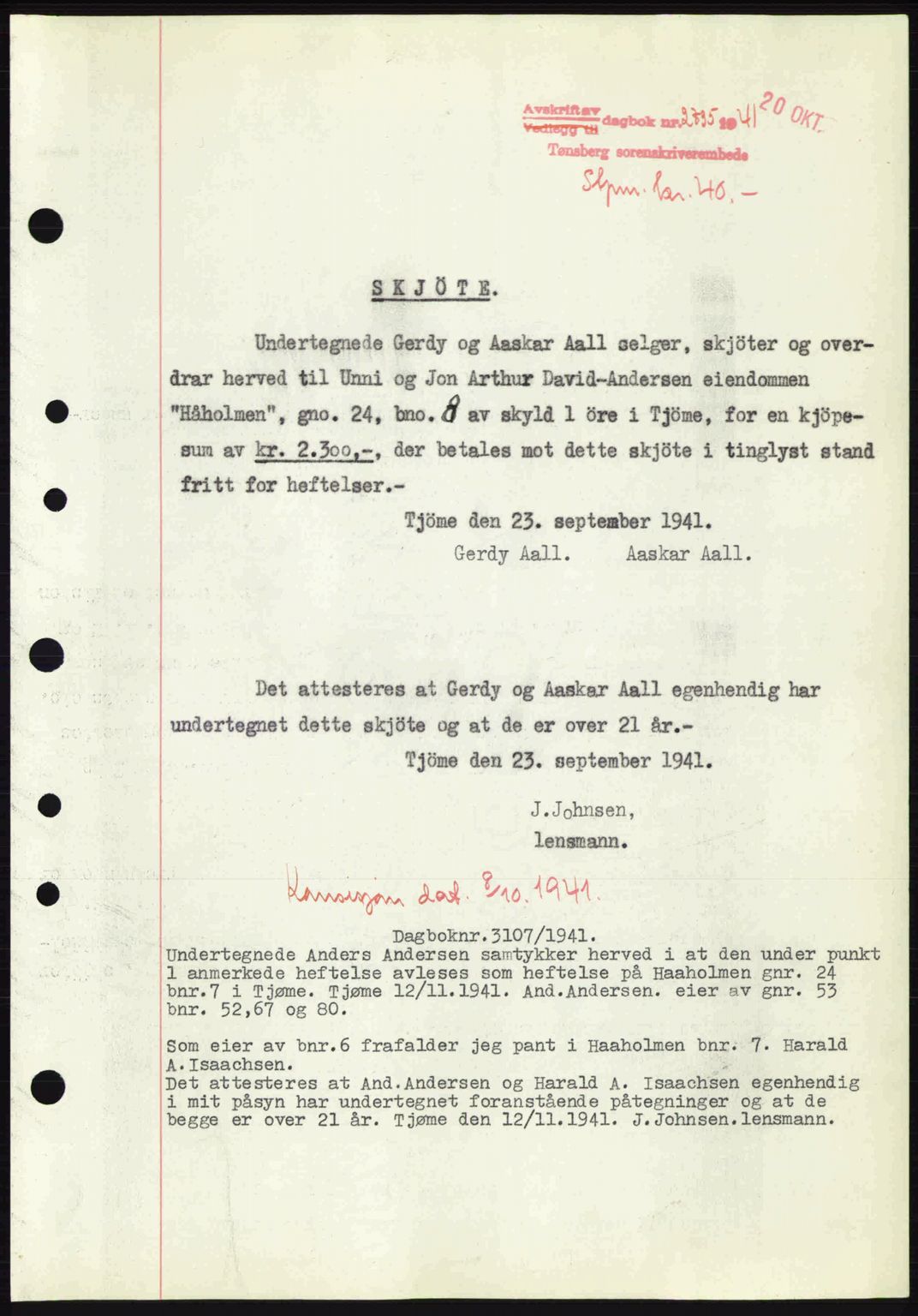 Tønsberg sorenskriveri, AV/SAKO-A-130/G/Ga/Gaa/L0010: Mortgage book no. A10, 1941-1941, Diary no: : 2735/1941