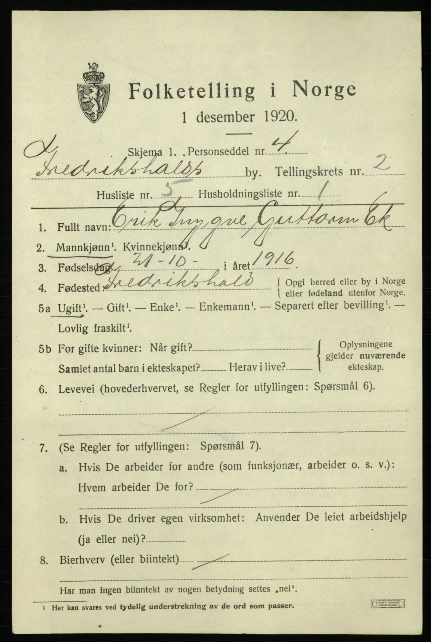 SAO, 1920 census for Fredrikshald, 1920, p. 9310