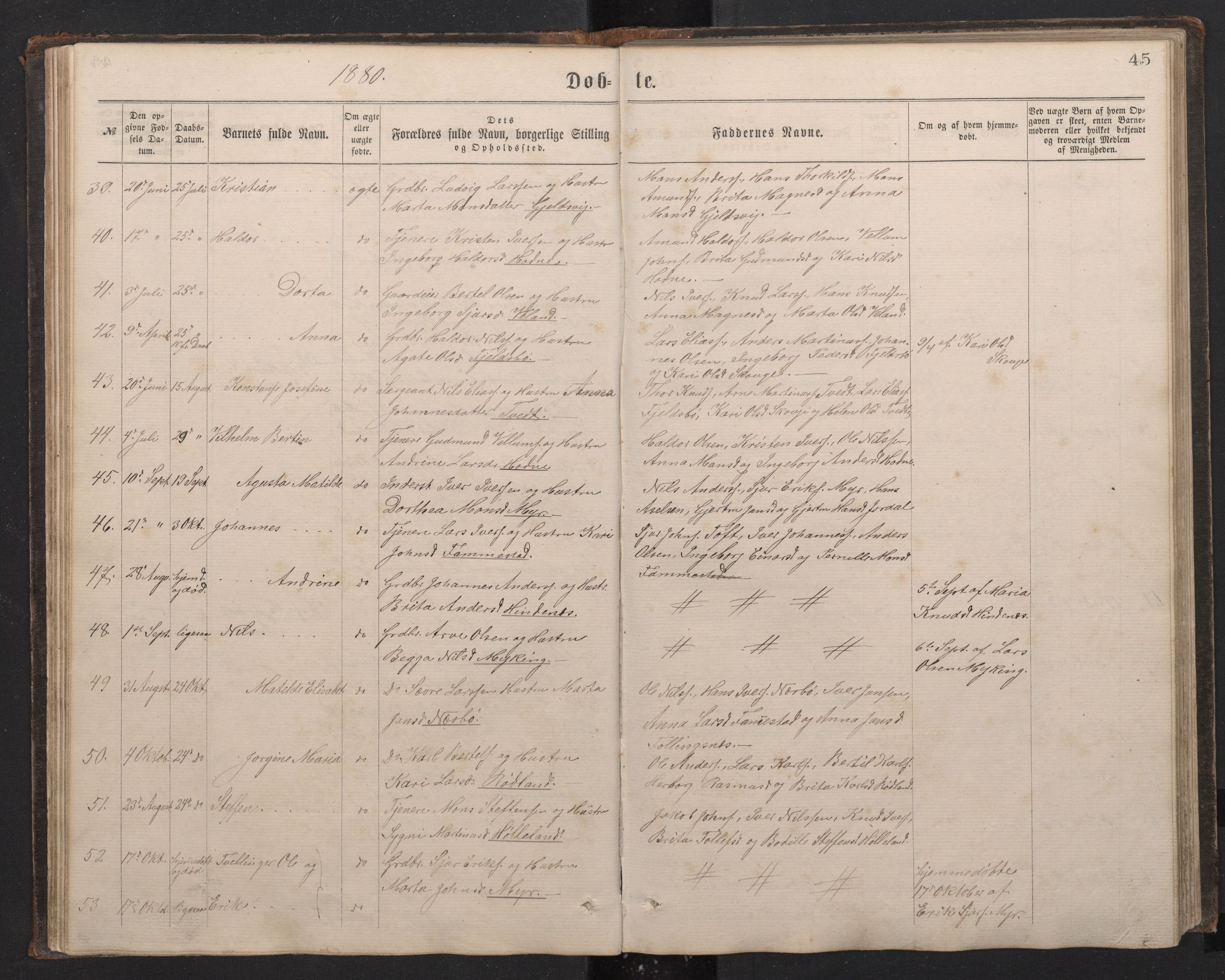 Lindås Sokneprestembete, SAB/A-76701/H/Hab: Parish register (copy) no. E 2, 1867-1892, p. 44b-45a