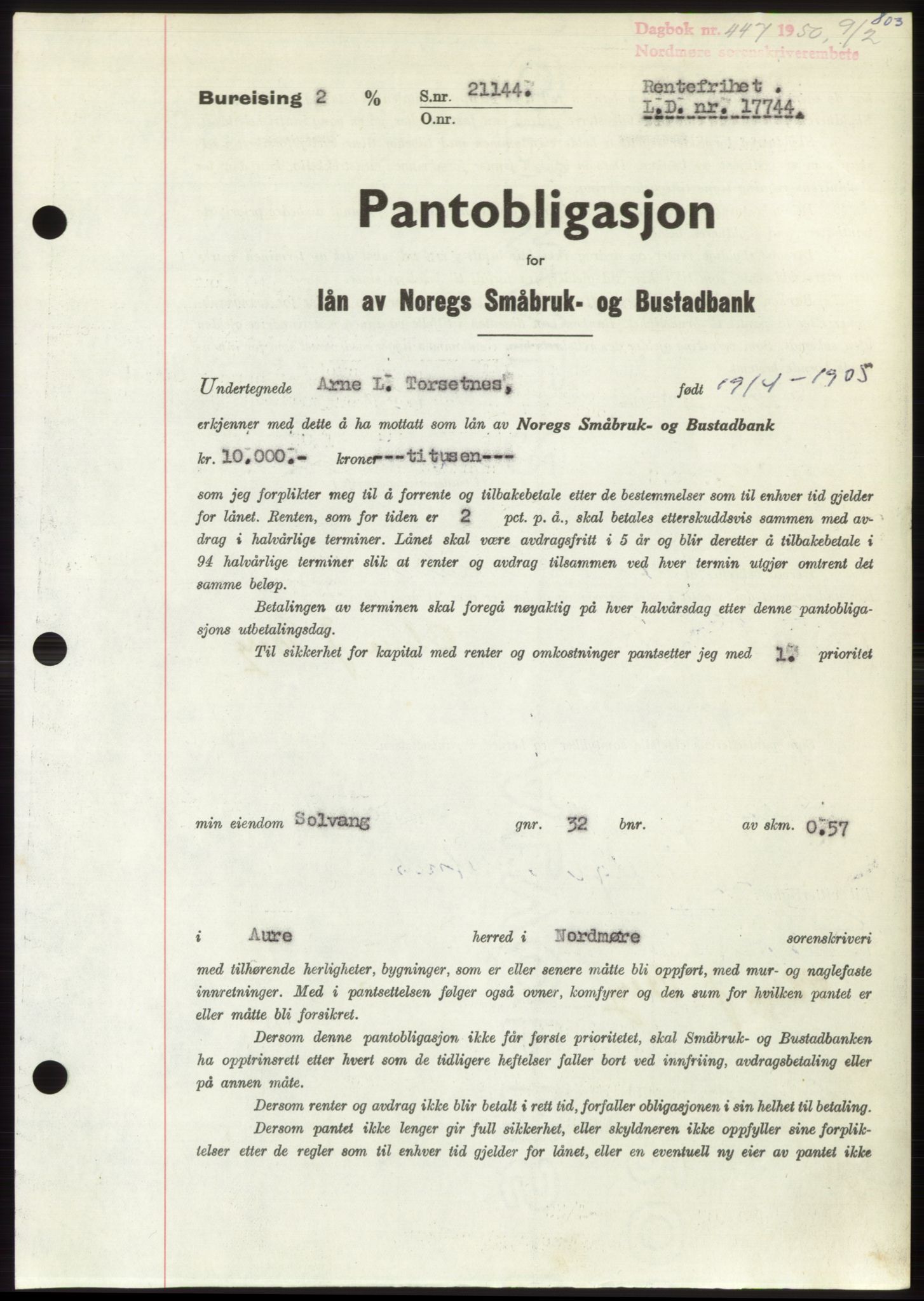 Nordmøre sorenskriveri, AV/SAT-A-4132/1/2/2Ca: Mortgage book no. B103, 1949-1950, Diary no: : 447/1950