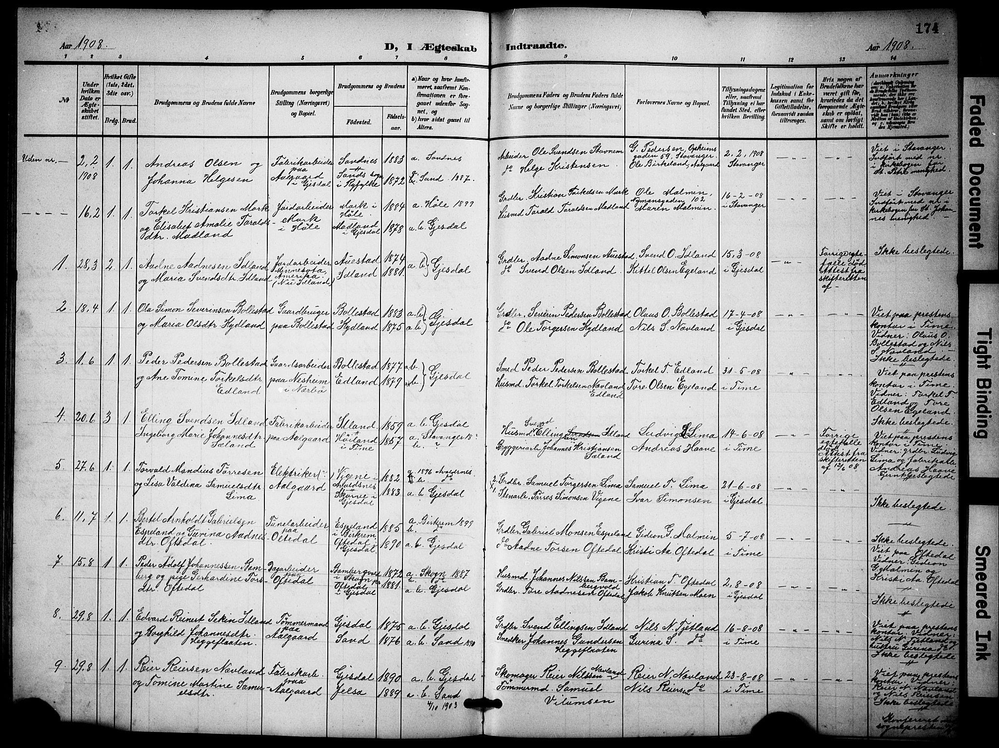 Lye sokneprestkontor, SAST/A-101794/001/30BB/L0009: Parish register (copy) no. B 9, 1902-1923, p. 174