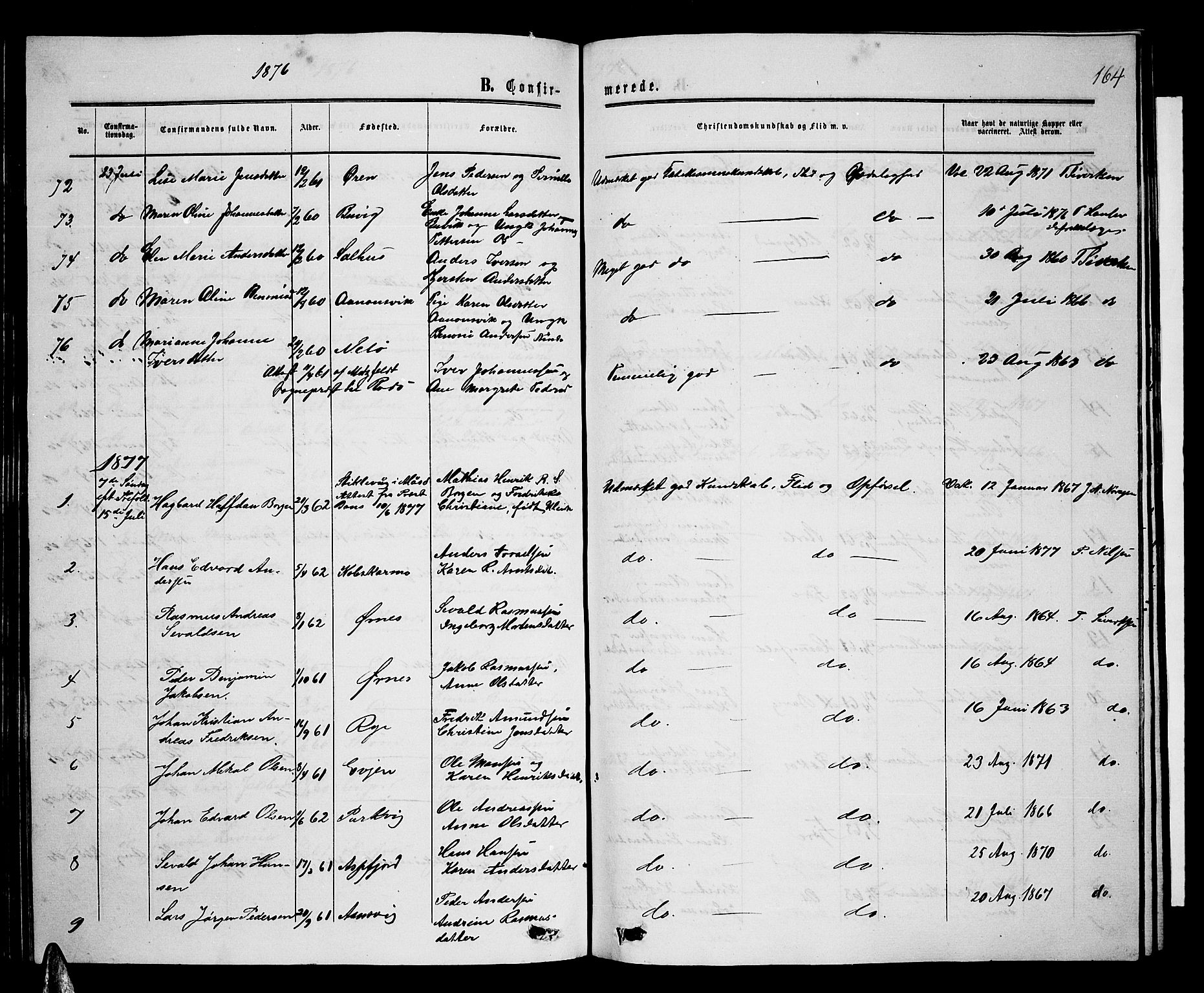 Ministerialprotokoller, klokkerbøker og fødselsregistre - Nordland, AV/SAT-A-1459/853/L0775: Parish register (copy) no. 853C03, 1859-1877, p. 164