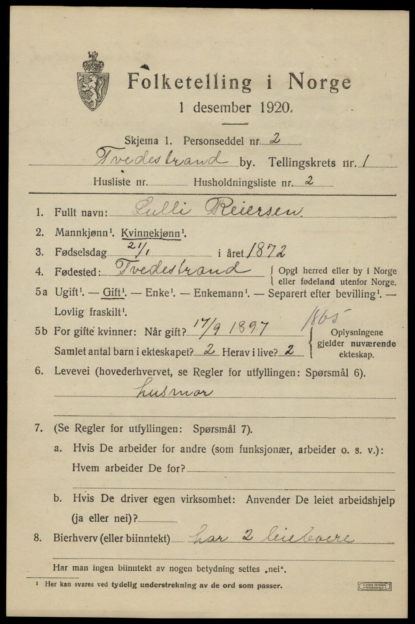 SAK, 1920 census for Tvedestrand, 1920, p. 1715
