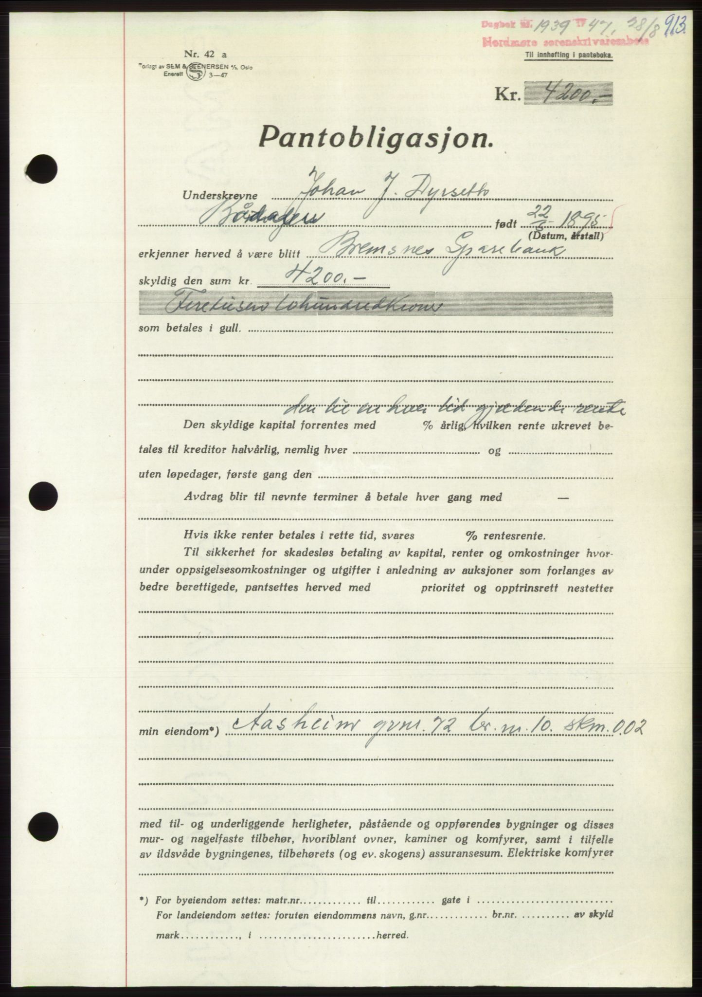 Nordmøre sorenskriveri, AV/SAT-A-4132/1/2/2Ca: Mortgage book no. B96, 1947-1947, Diary no: : 1939/1947