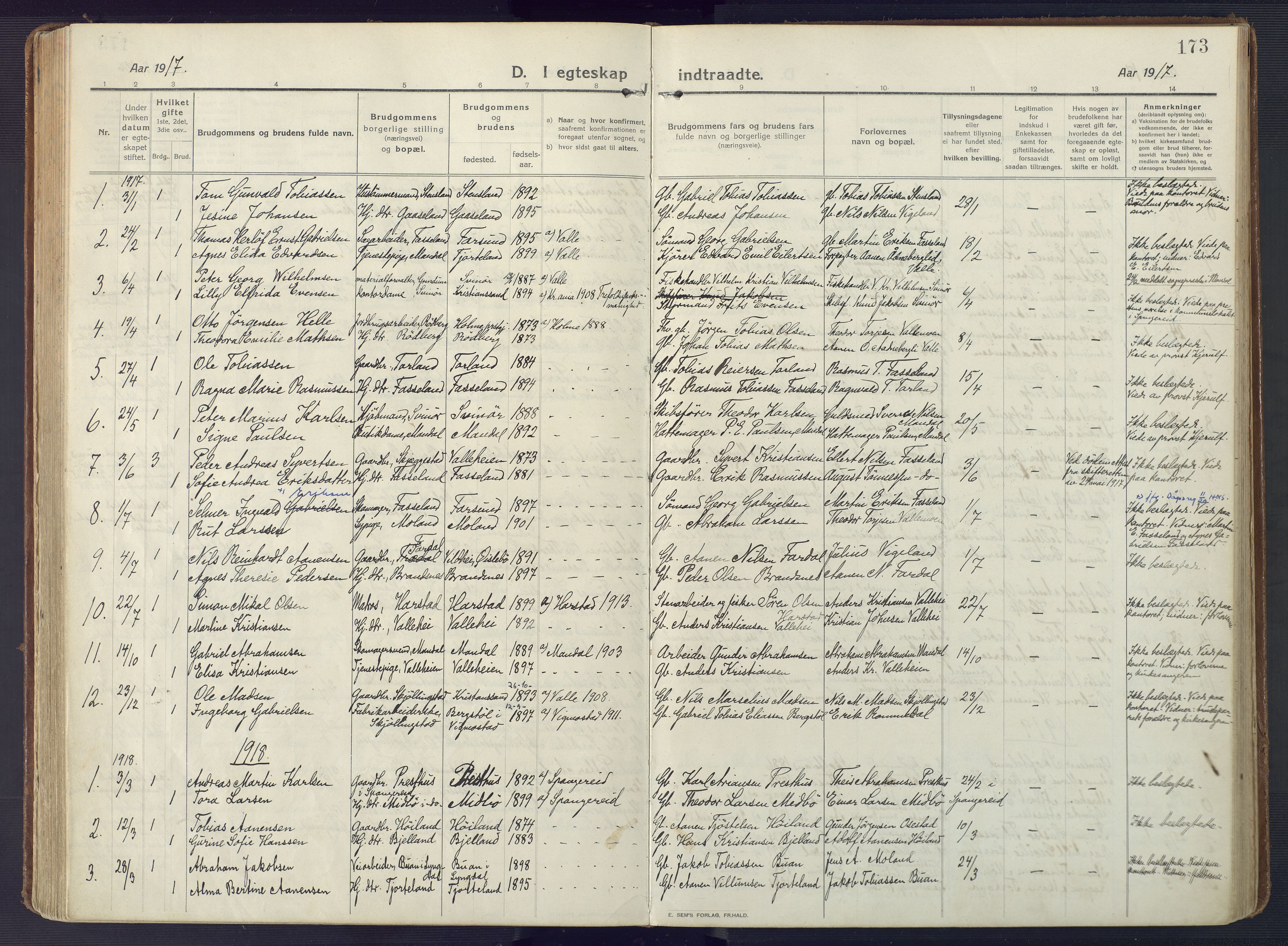Sør-Audnedal sokneprestkontor, AV/SAK-1111-0039/F/Fa/Fab/L0011: Parish register (official) no. A 11, 1912-1938, p. 173