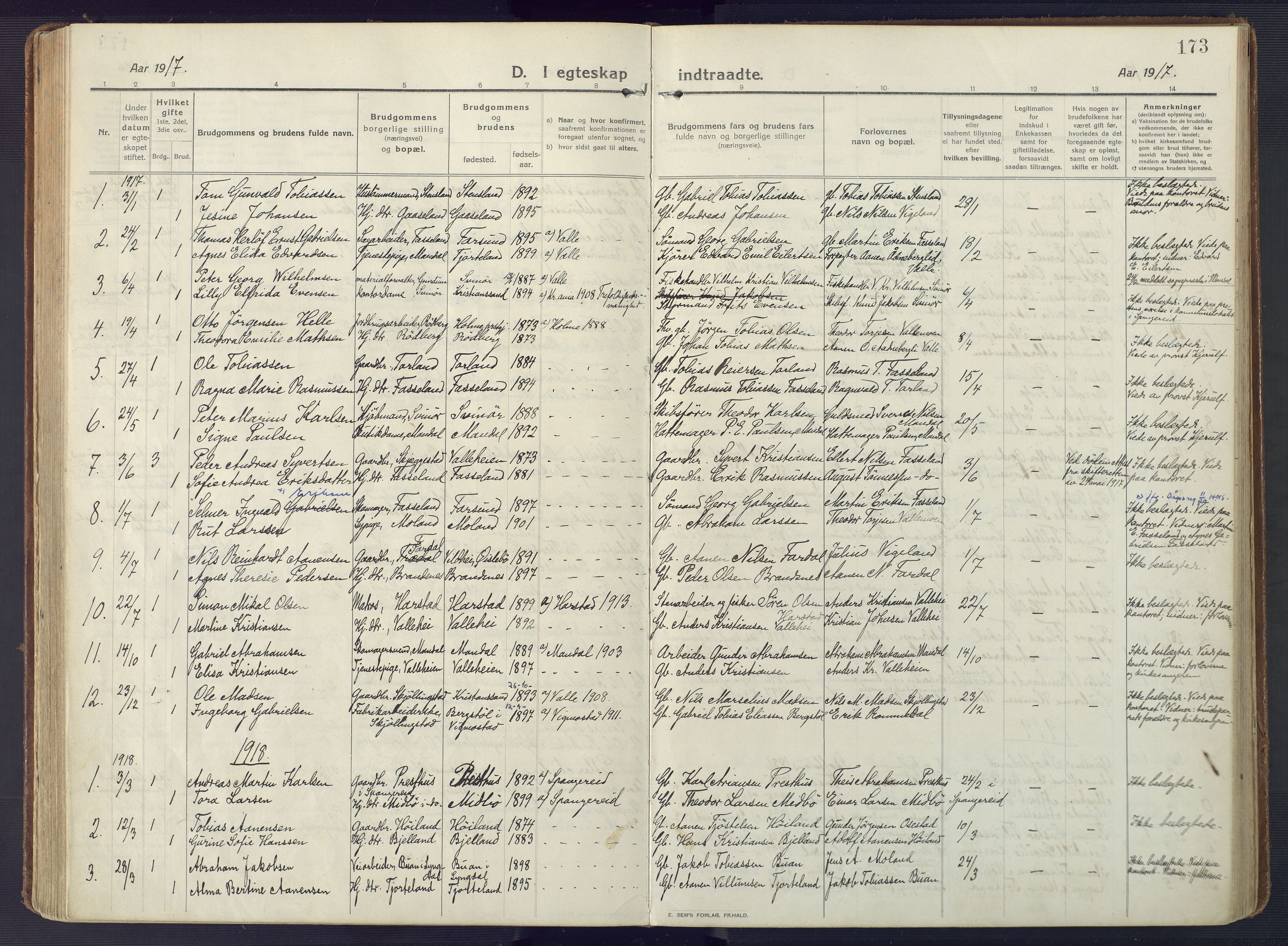 Sør-Audnedal sokneprestkontor, SAK/1111-0039/F/Fa/Fab/L0011: Parish register (official) no. A 11, 1912-1938, p. 173