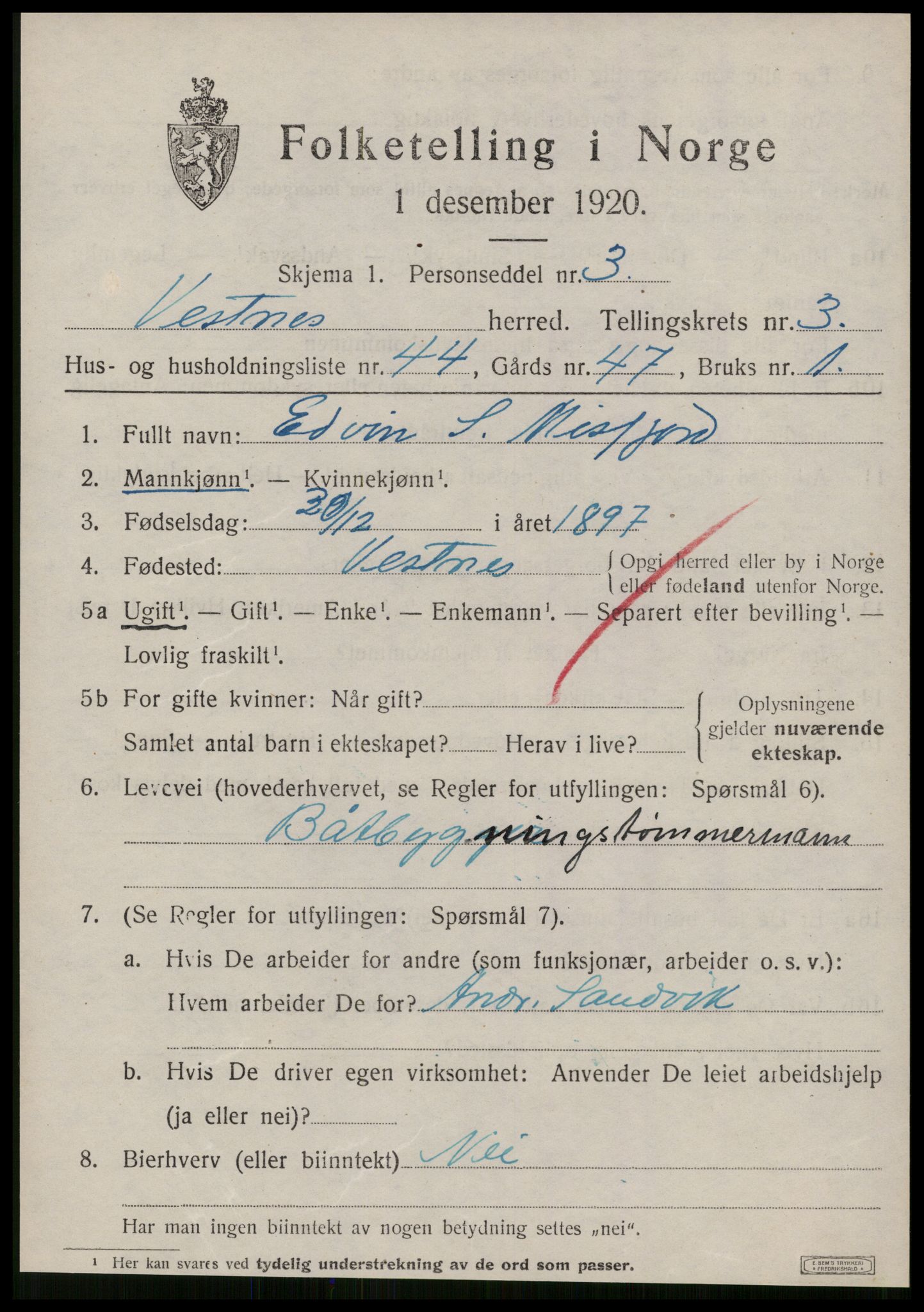 SAT, 1920 census for Vestnes, 1920, p. 3125
