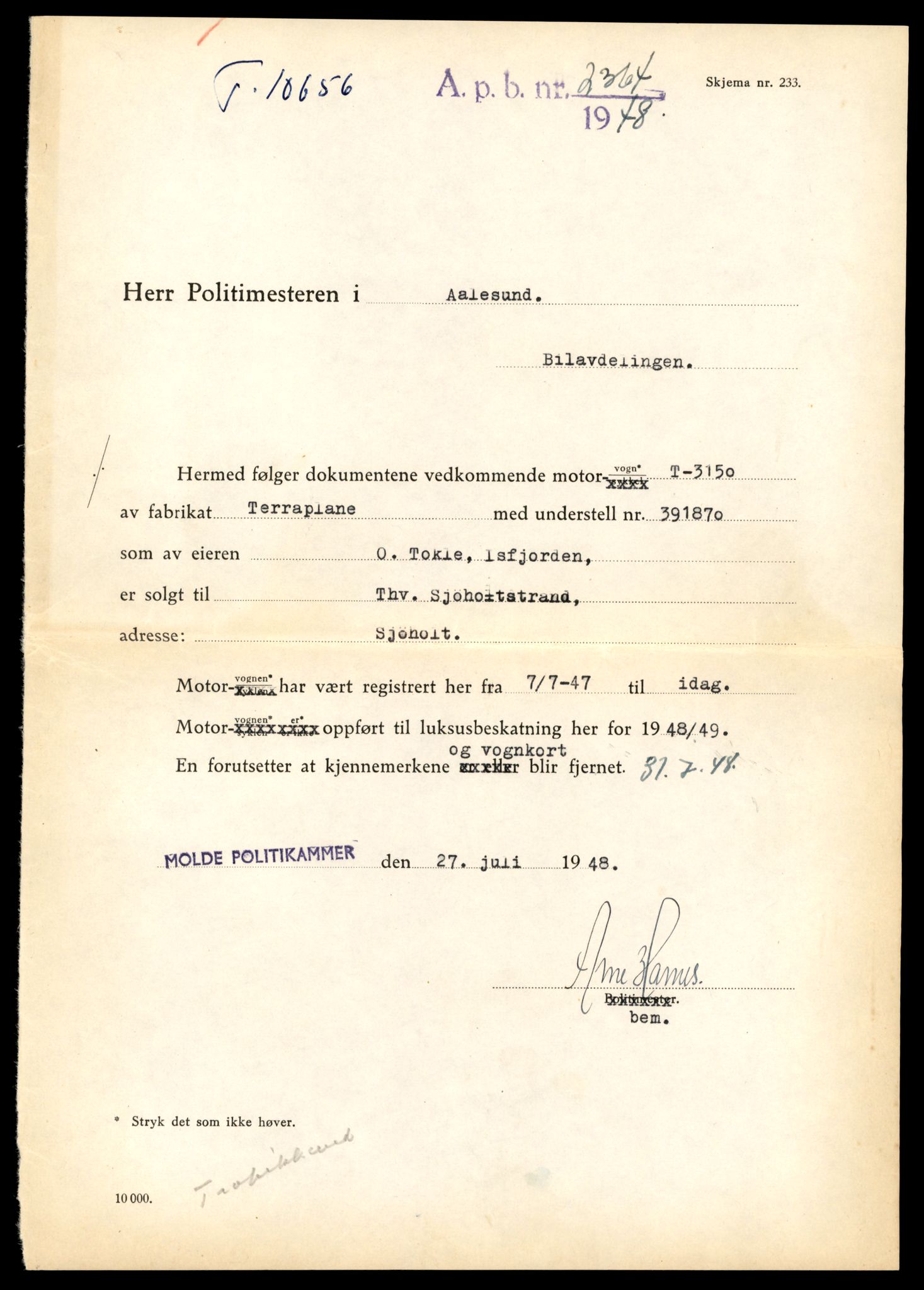 Møre og Romsdal vegkontor - Ålesund trafikkstasjon, AV/SAT-A-4099/F/Fe/L0022: Registreringskort for kjøretøy T 10584 - T 10694, 1927-1998, p. 2063